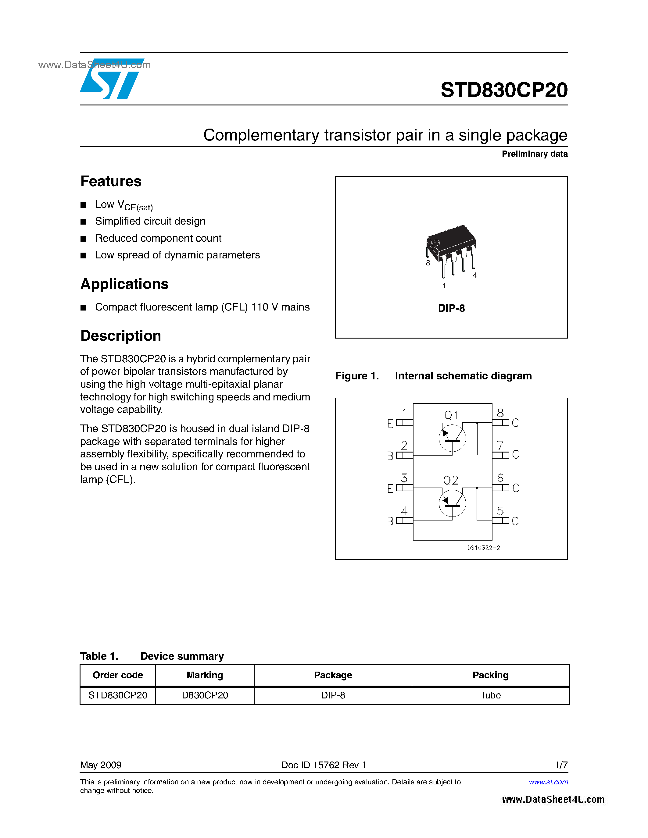 Datasheet STD830CP20 - Complementary transistor pair page 1