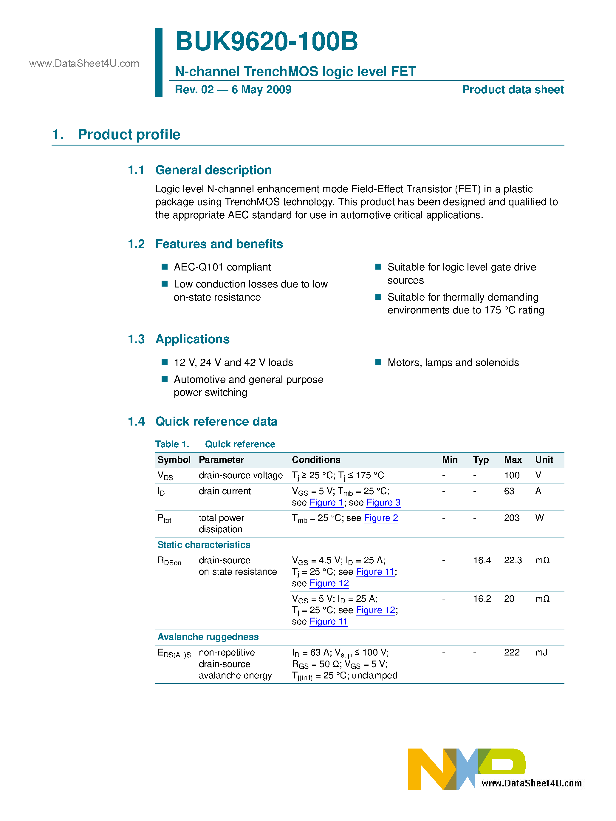 Datasheet BUK9620-100B - N-channel TrenchMOS Logic Level FET page 1