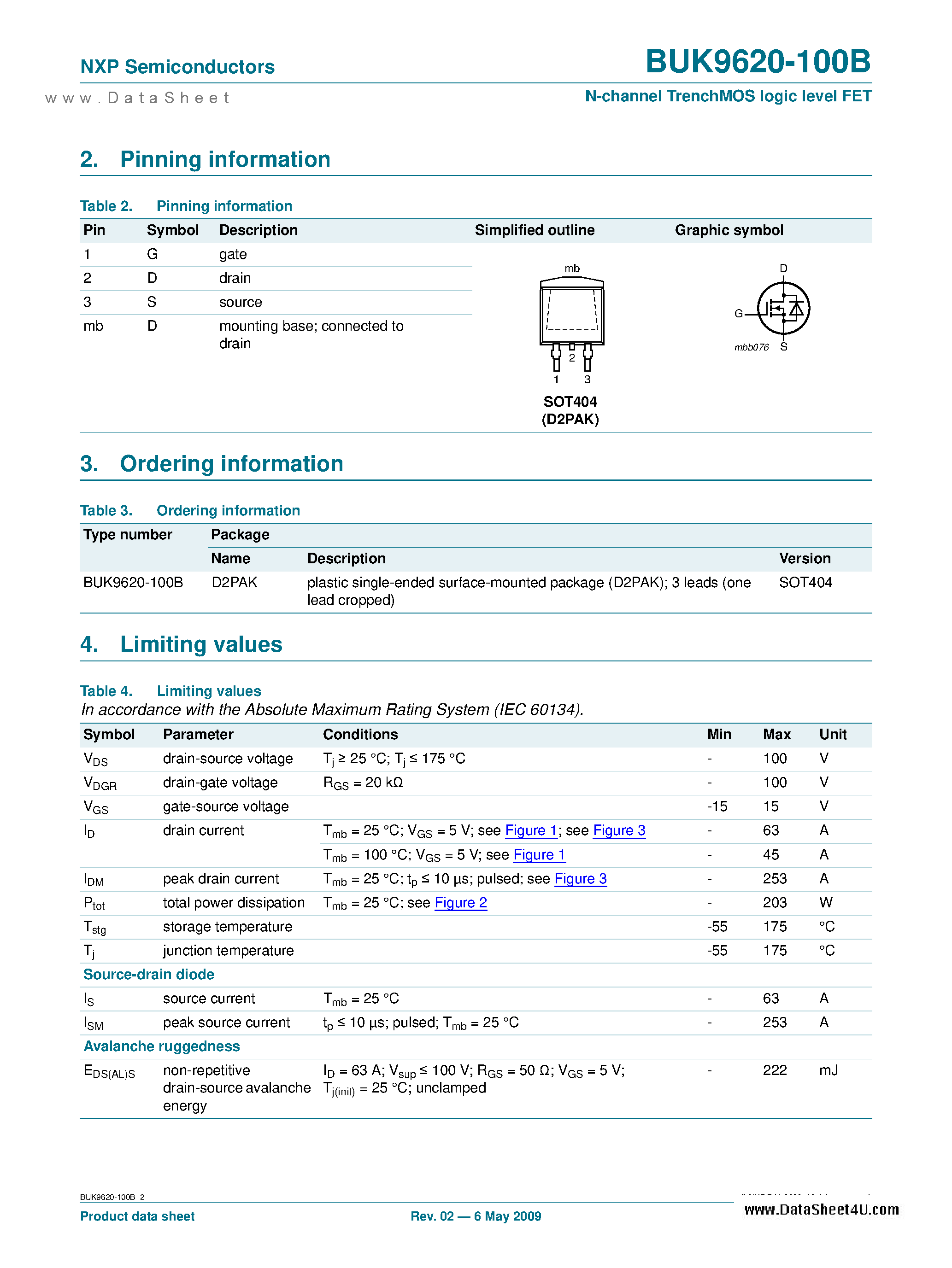 Datasheet BUK9620-100B - N-channel TrenchMOS Logic Level FET page 2