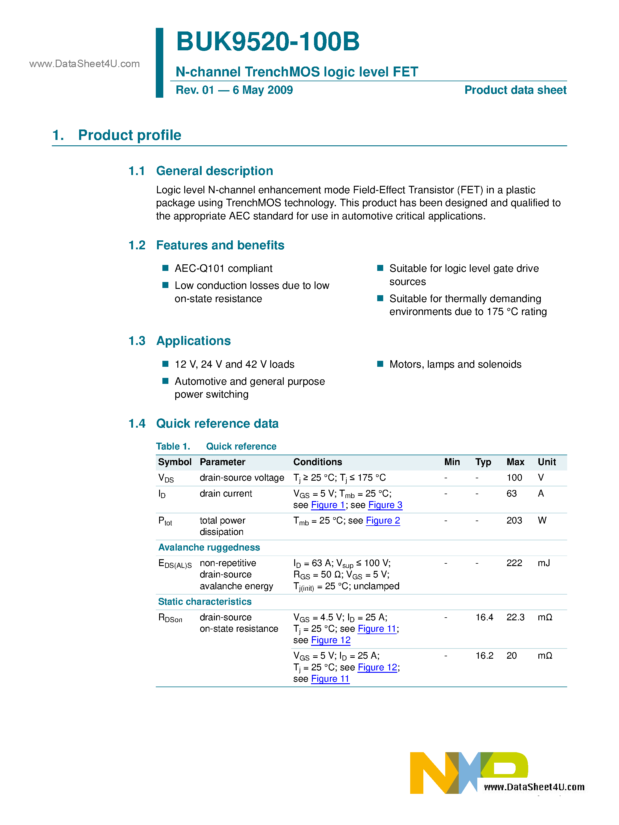 Datasheet BUK9520-100B - N-channel TrenchMOS Logic Level FET page 1