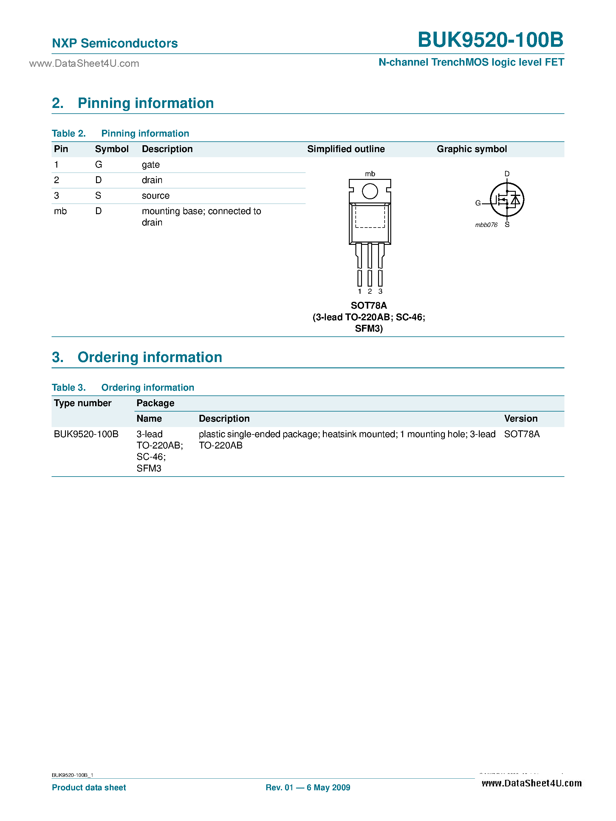 Datasheet BUK9520-100B - N-channel TrenchMOS Logic Level FET page 2