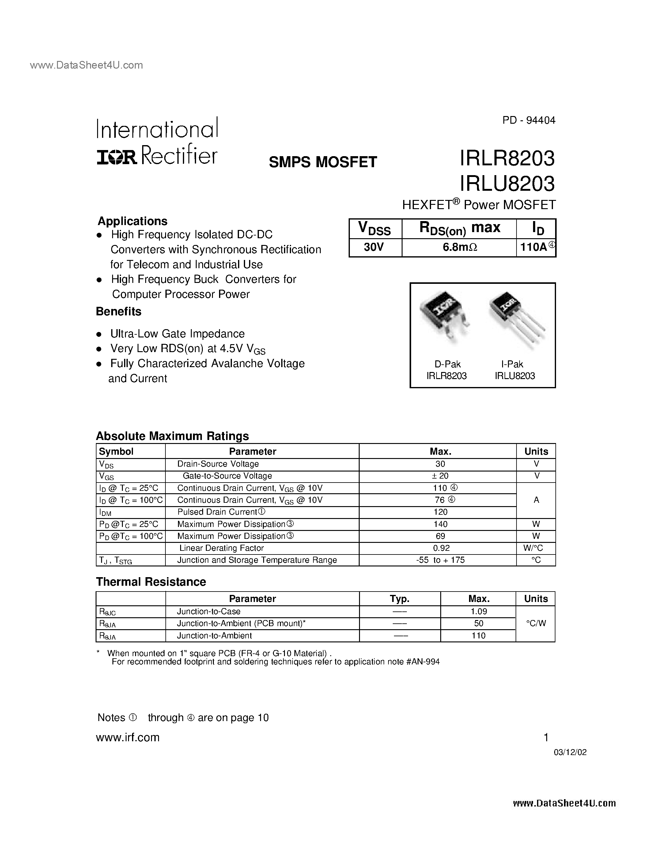 Даташит IRLR8203 - HEXFET Power MOSFET страница 1