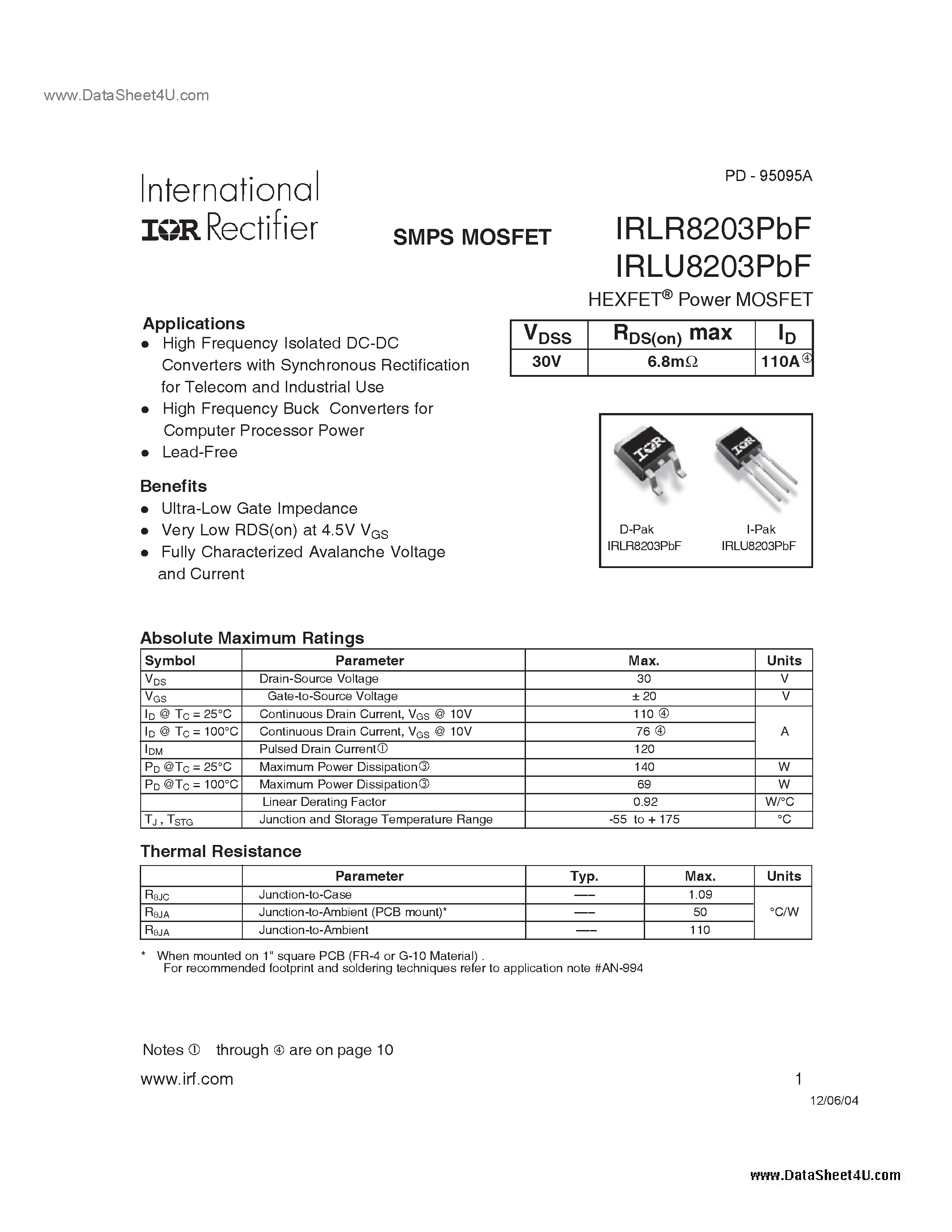 Даташит IRLR8203PBF - SMPS MOSFET страница 1