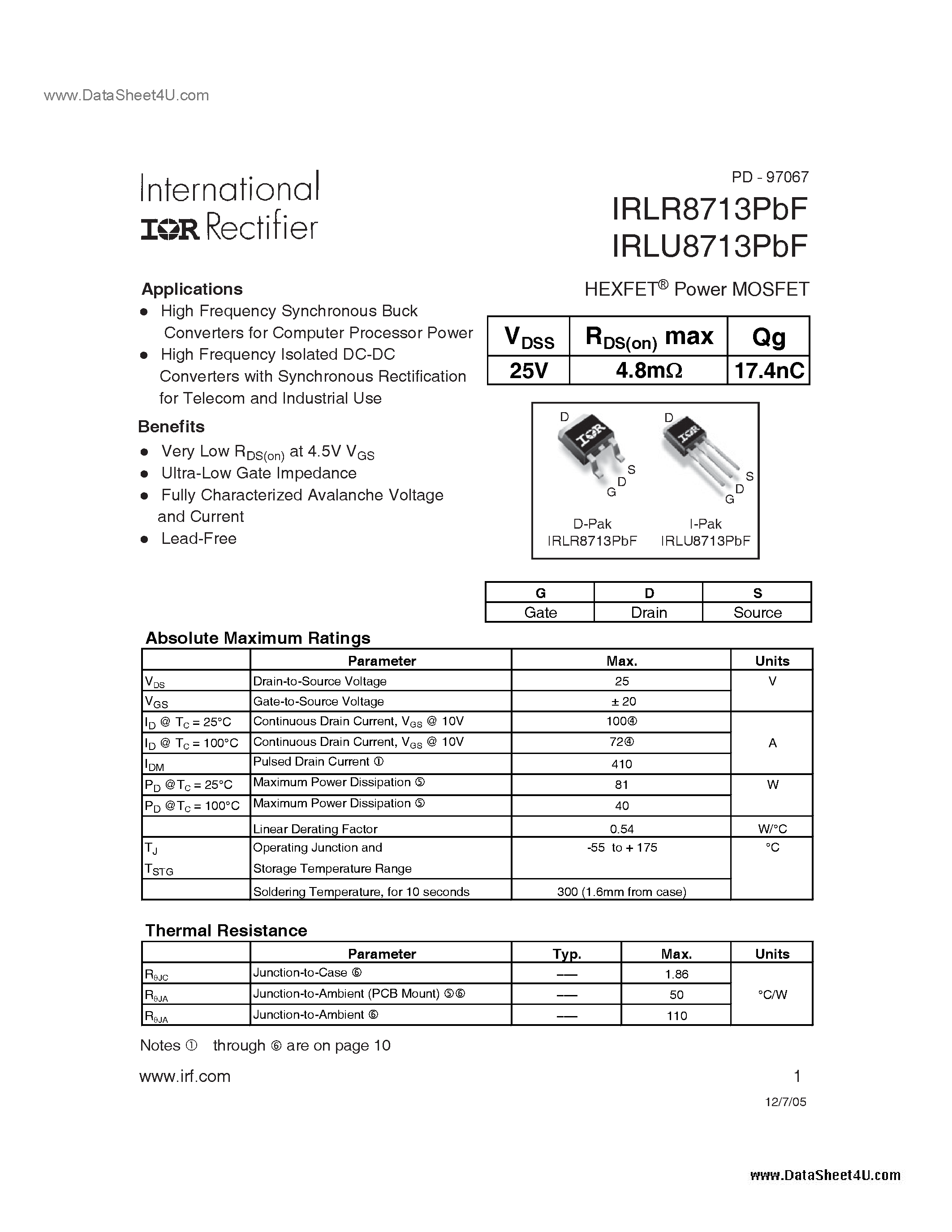 Datasheet IRLR8713PBF page 1 Datasheet IRLR8713PBF - HEXFET Power MOSFET page 1