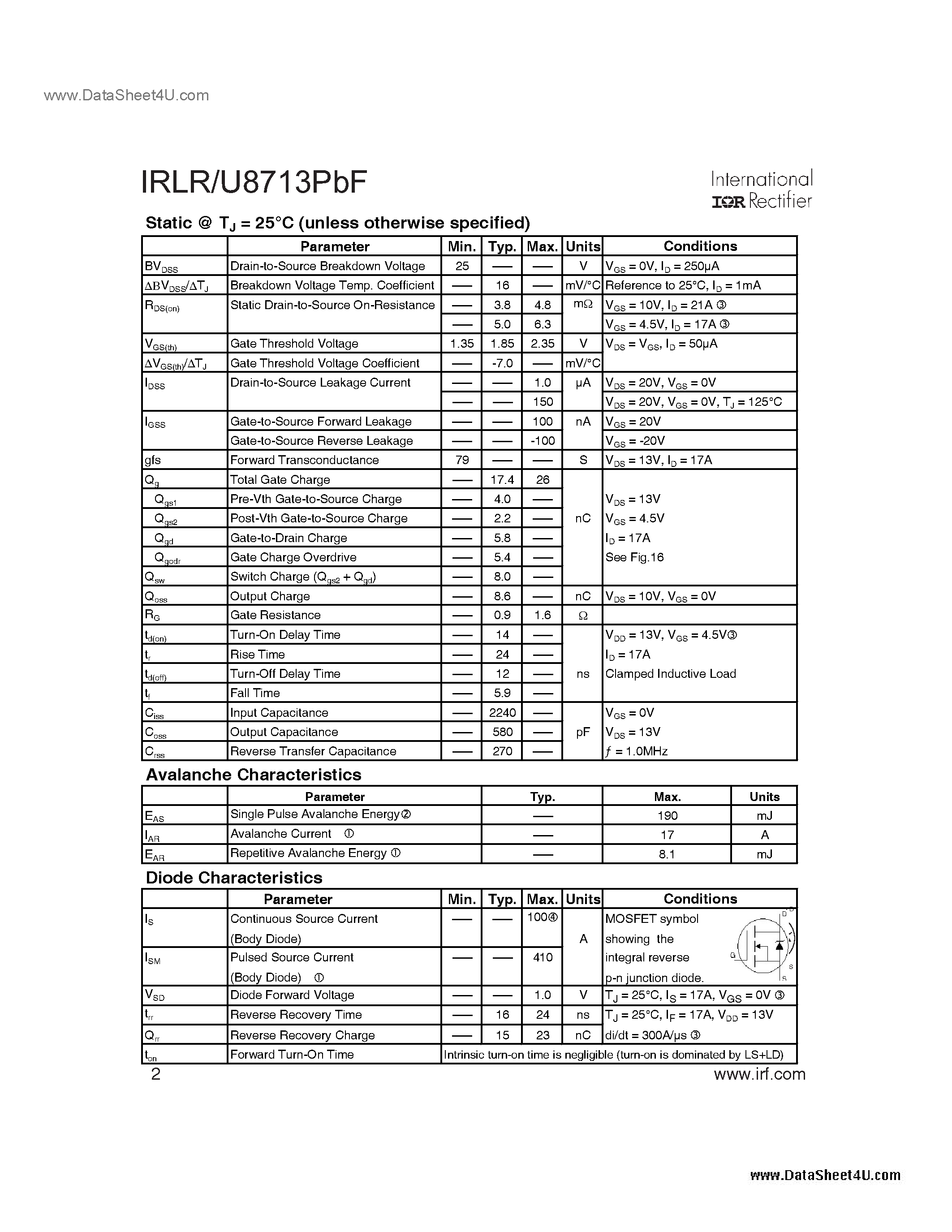 Datasheet IRLR8713PBF page 2 Datasheet IRLR8713PBF - HEXFET Power MOSFET page 2