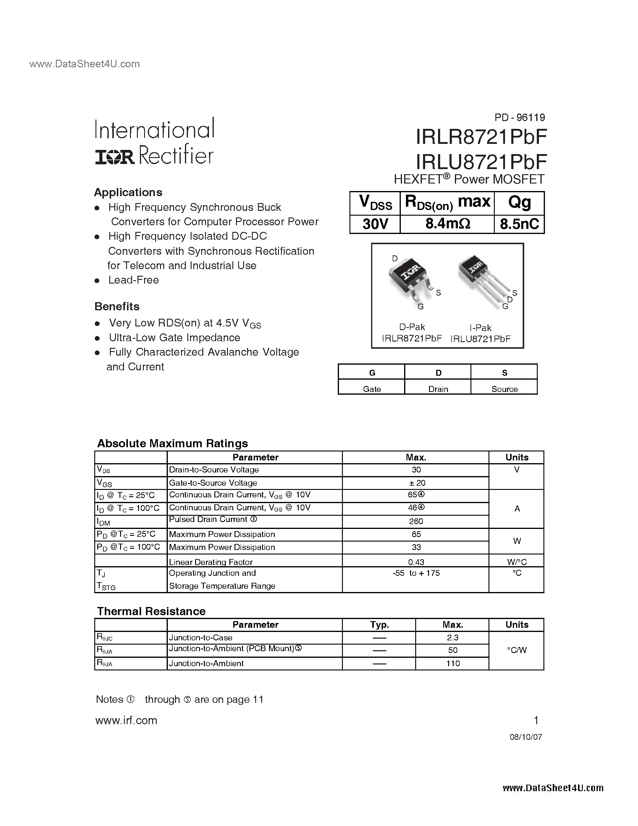 Даташит IRLR8721PBF - HEXFET Power MOSFET страница 1