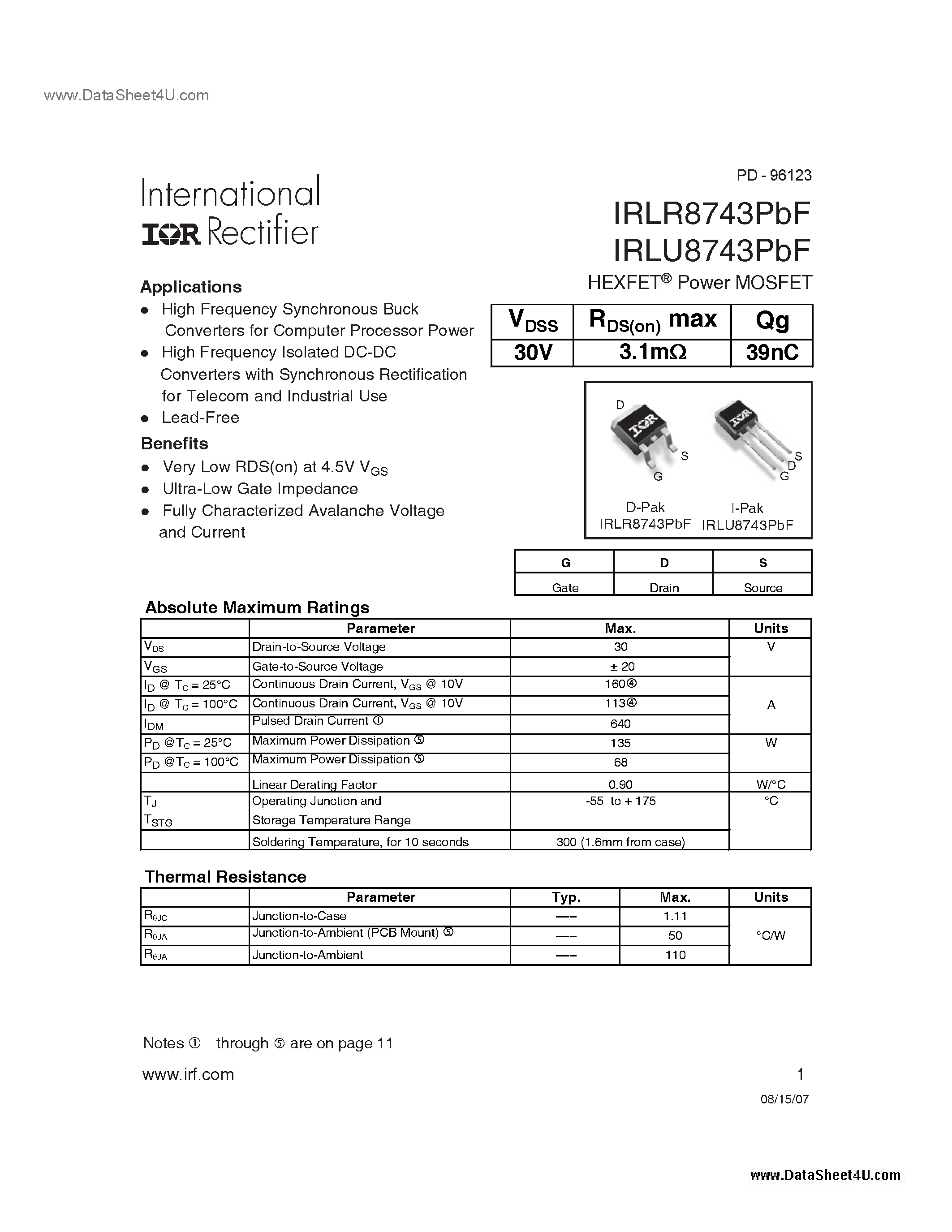 Datasheet IRLR8743PBF page 1 Datasheet IRLR8743PBF - Power MOSFET page 1