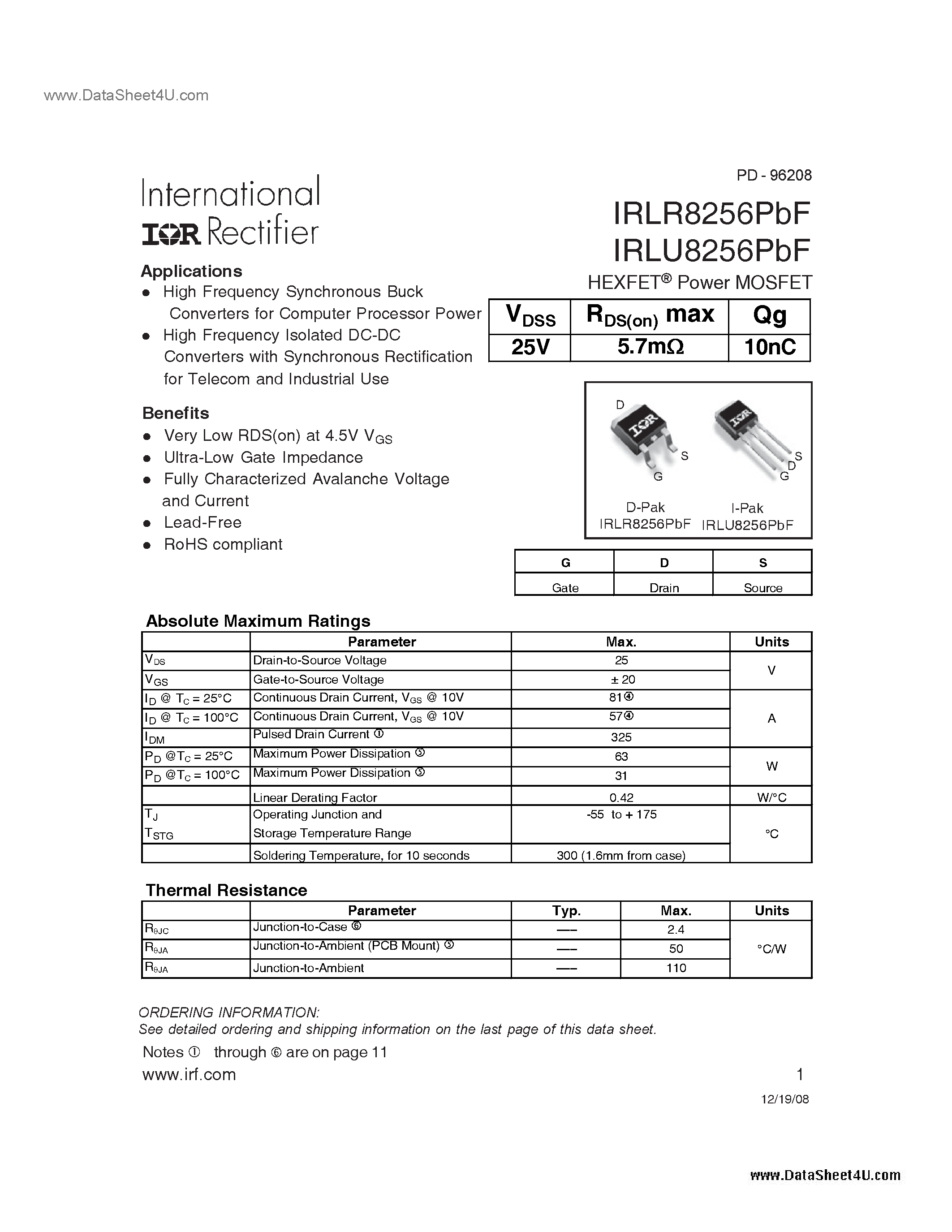 Datasheet IRLR8256PBF - 25V Single N-Channel HEXFET Power MOSFET page 1