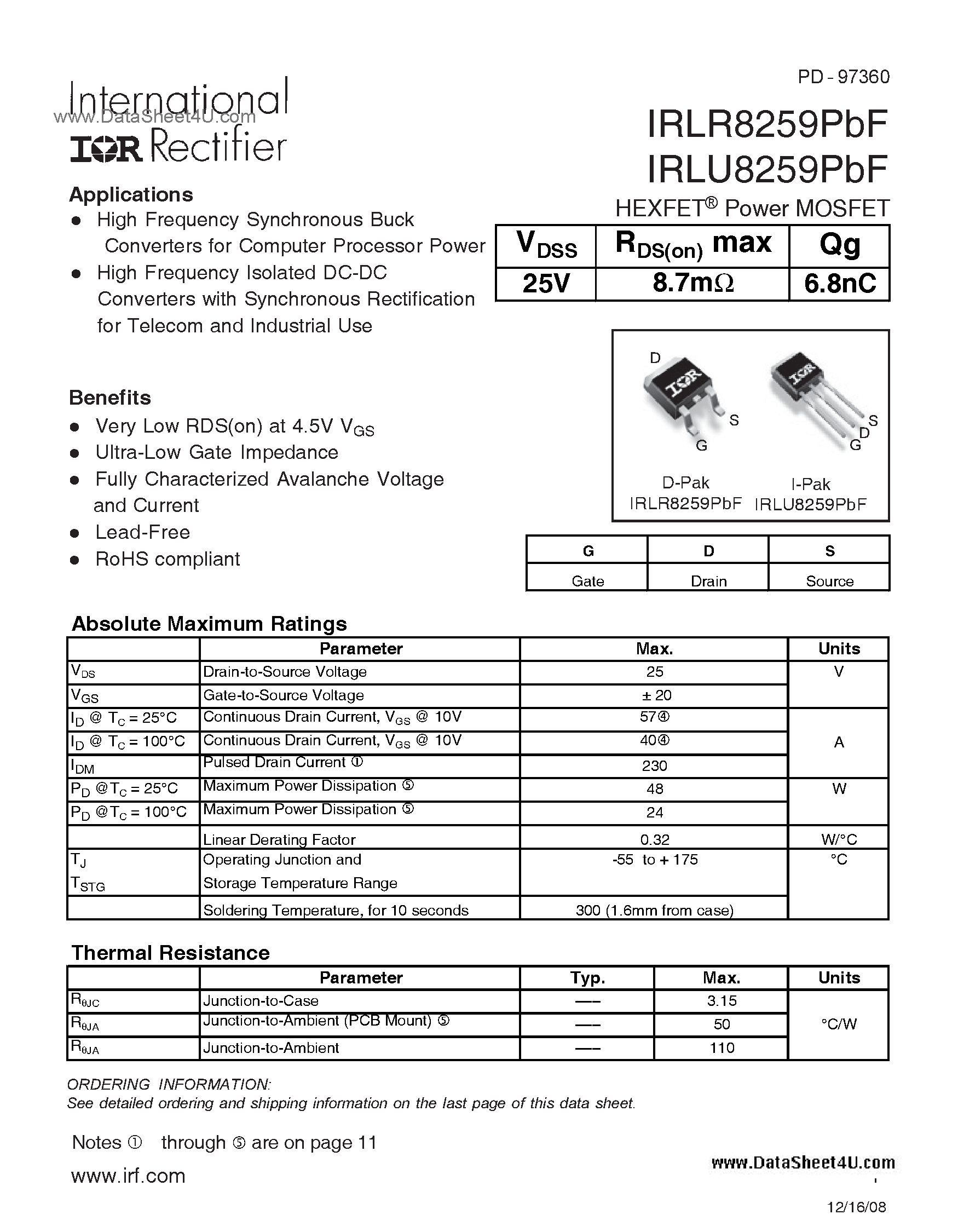 Даташит IRLR8259PBF - 25V Single N-Channel HEXFET Power MOSFET страница 1