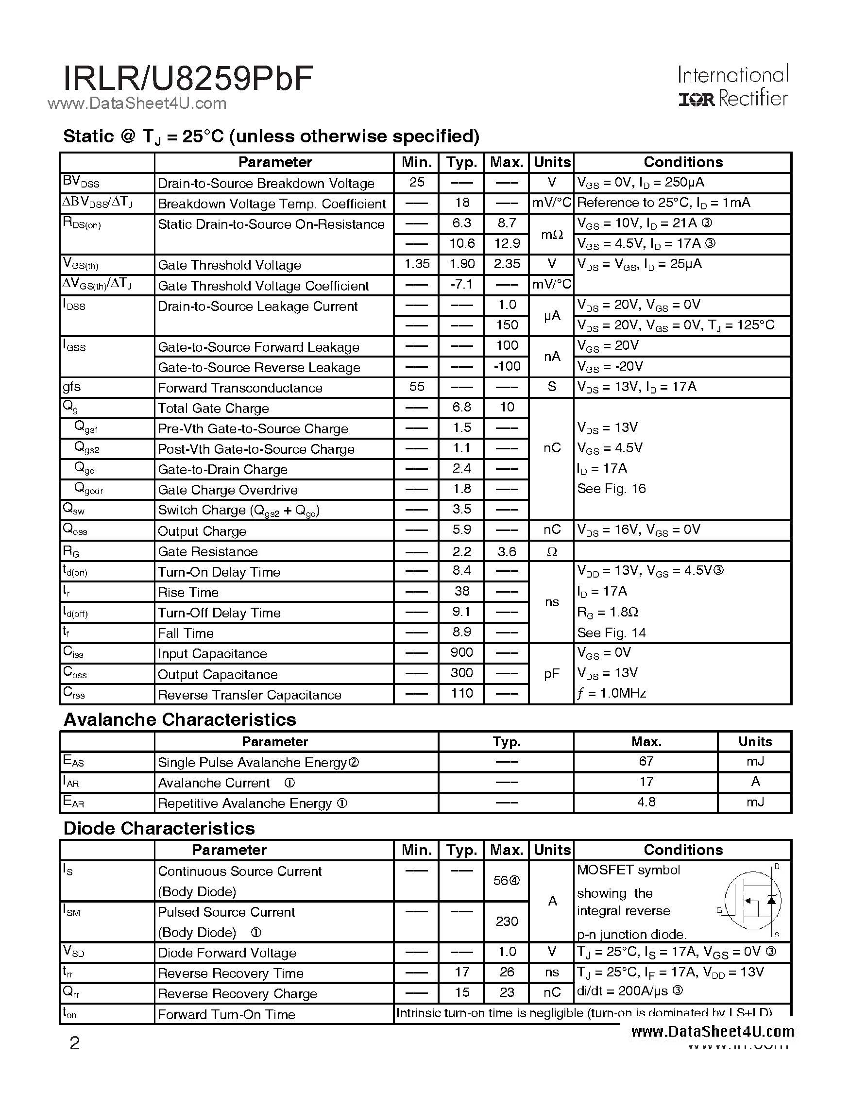 Даташит IRLR8259PBF - 25V Single N-Channel HEXFET Power MOSFET страница 2