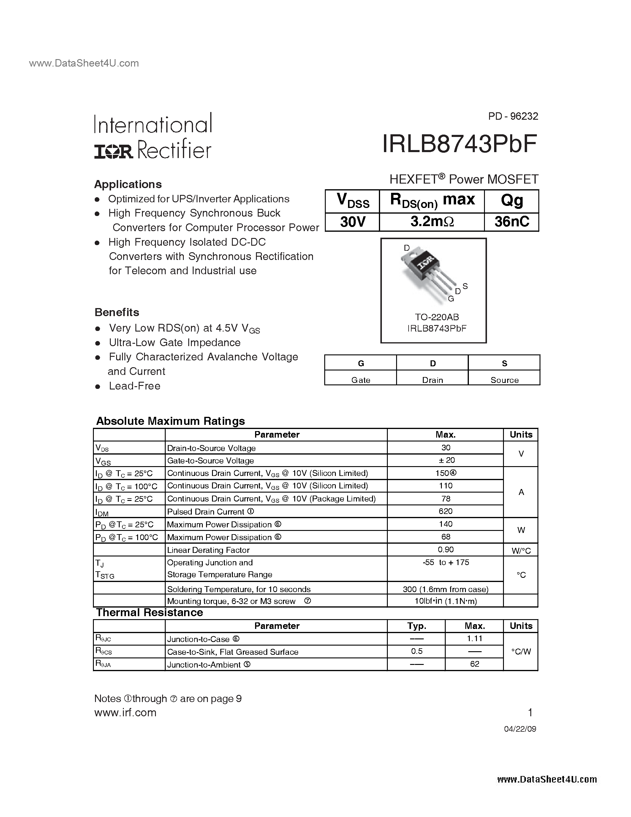 Datasheet IRLB8743PBF - 30V Single N-Channel HEXFET Power MOSFET page 1