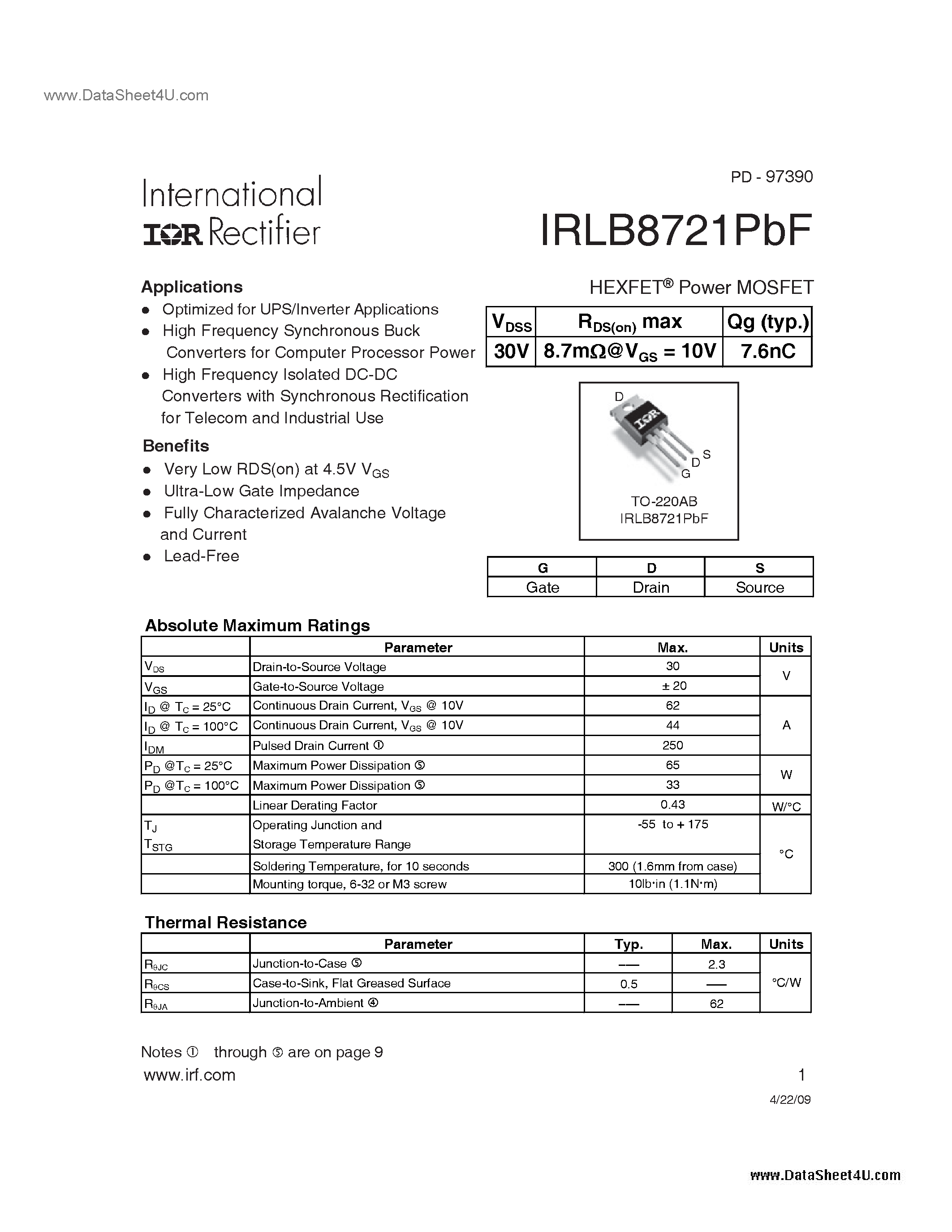 Datasheet IRLB8721PBF - 30V Single N-Channel HEXFET Power MOSFET page 1