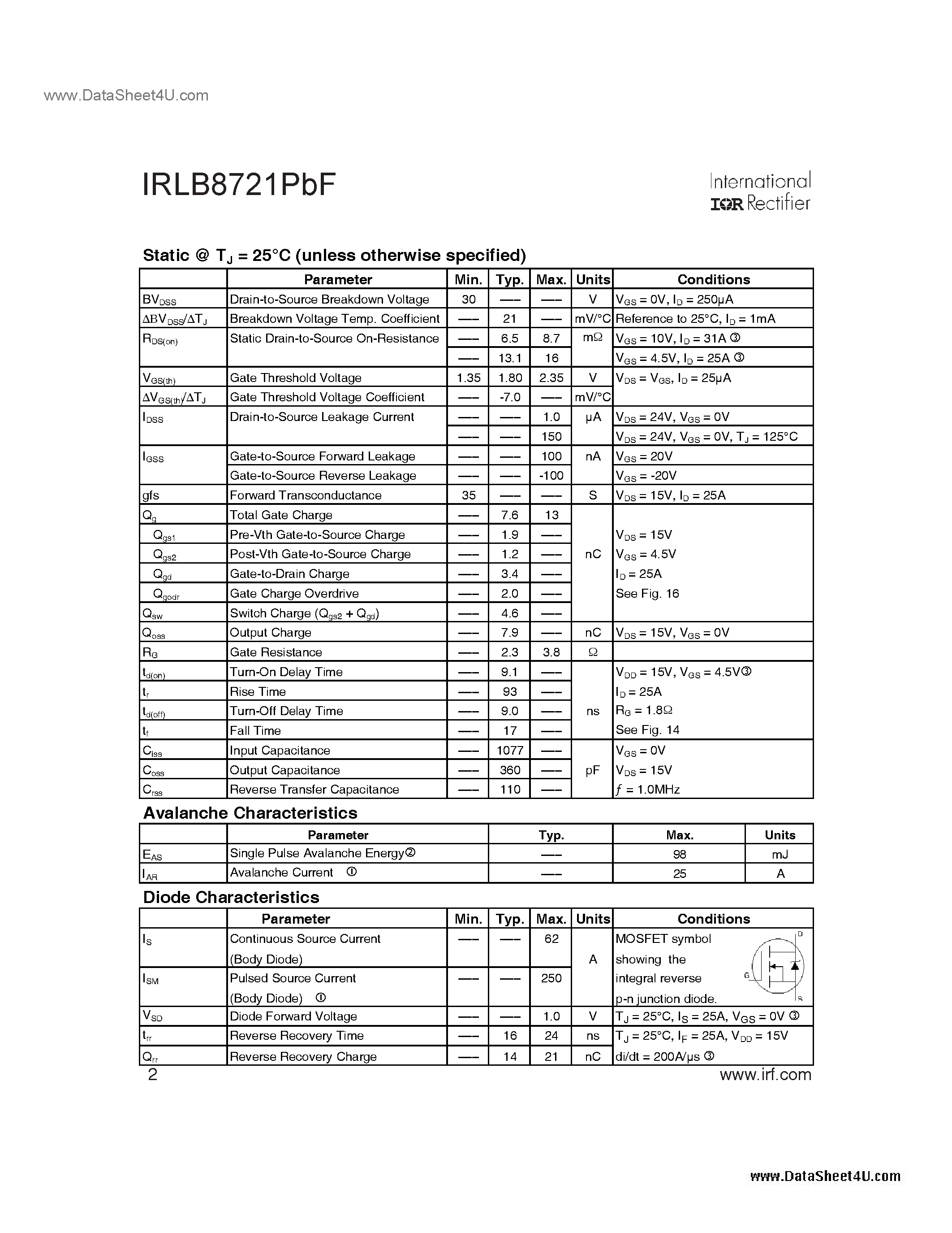Datasheet IRLB8721PBF - 30V Single N-Channel HEXFET Power MOSFET page 2