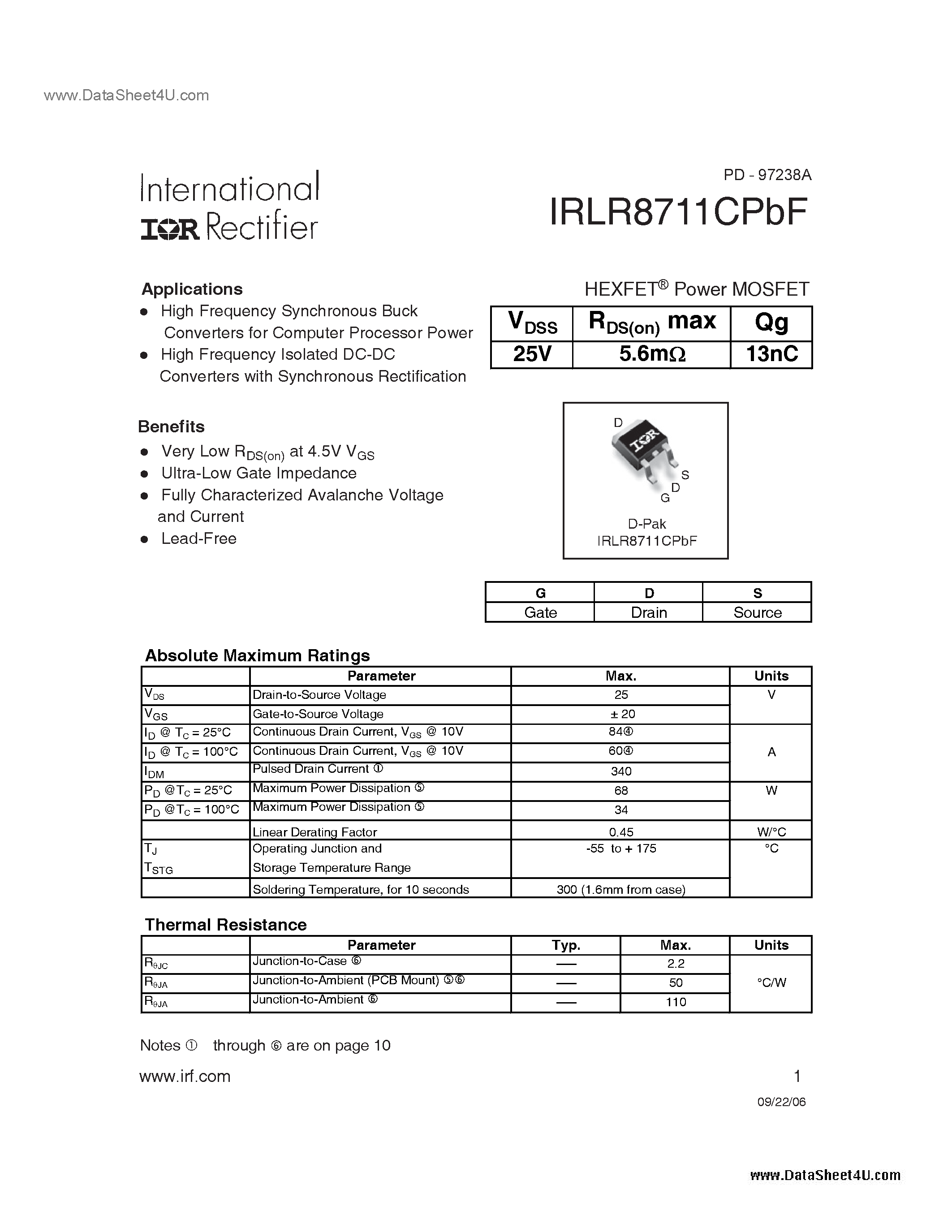 Даташит IRLR8711CPBF - HEXFET Power MOSFET страница 1