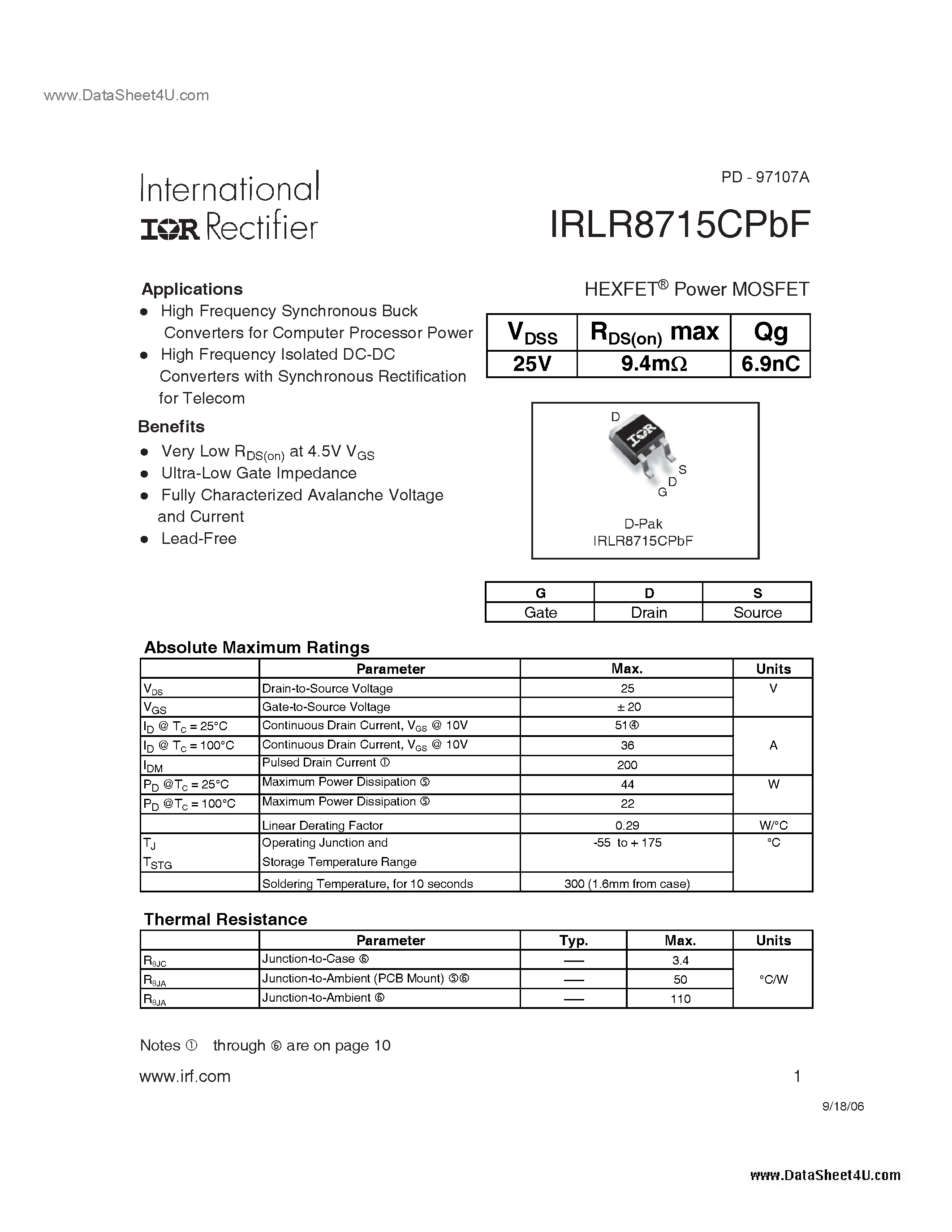 Даташит IRLR8715CPBF - HEXFET Power MOSFET страница 1
