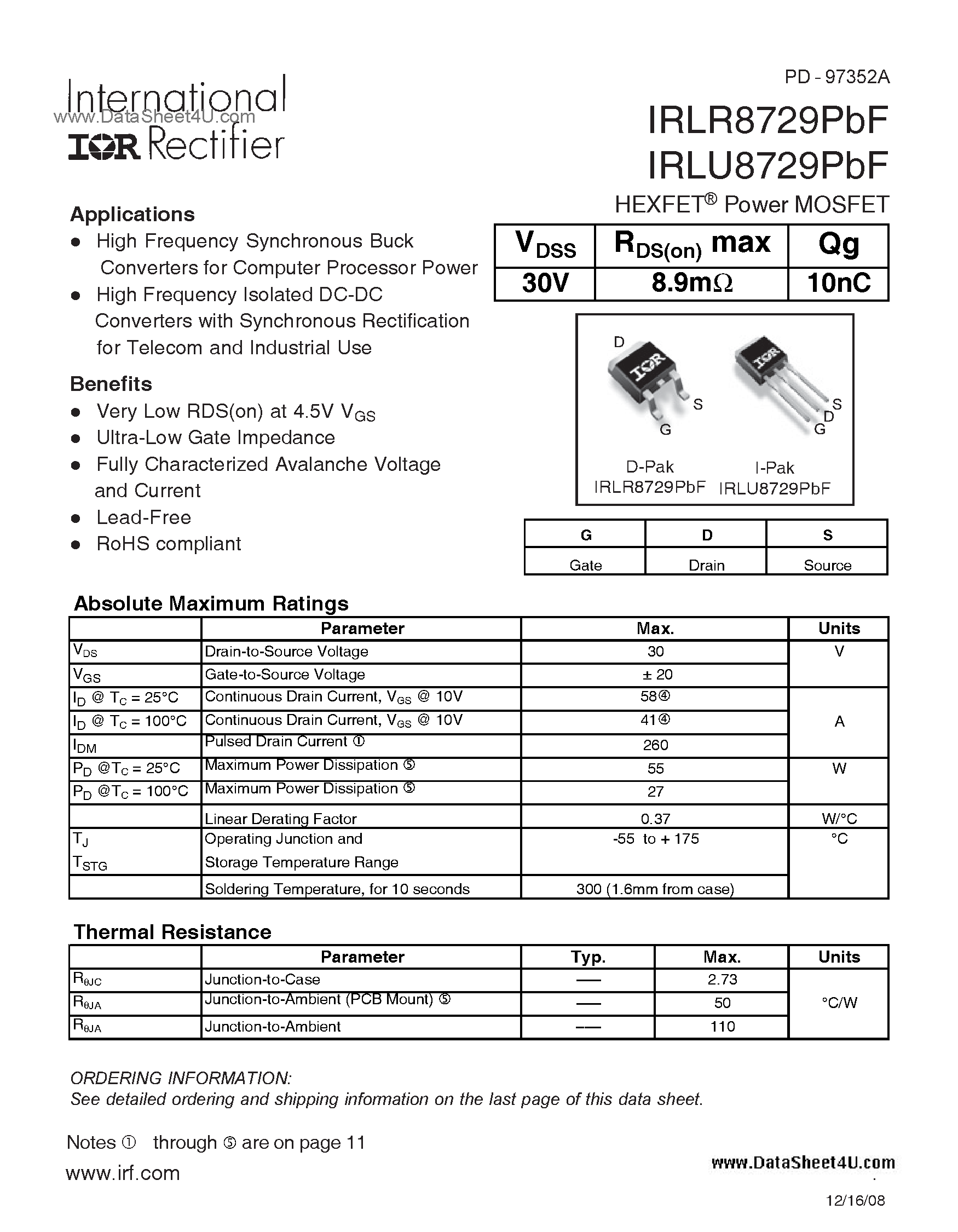 Datasheet IRLR8729PBF page 1 Datasheet IRLR8729PBF - HEXFET Power MOSFET page 1