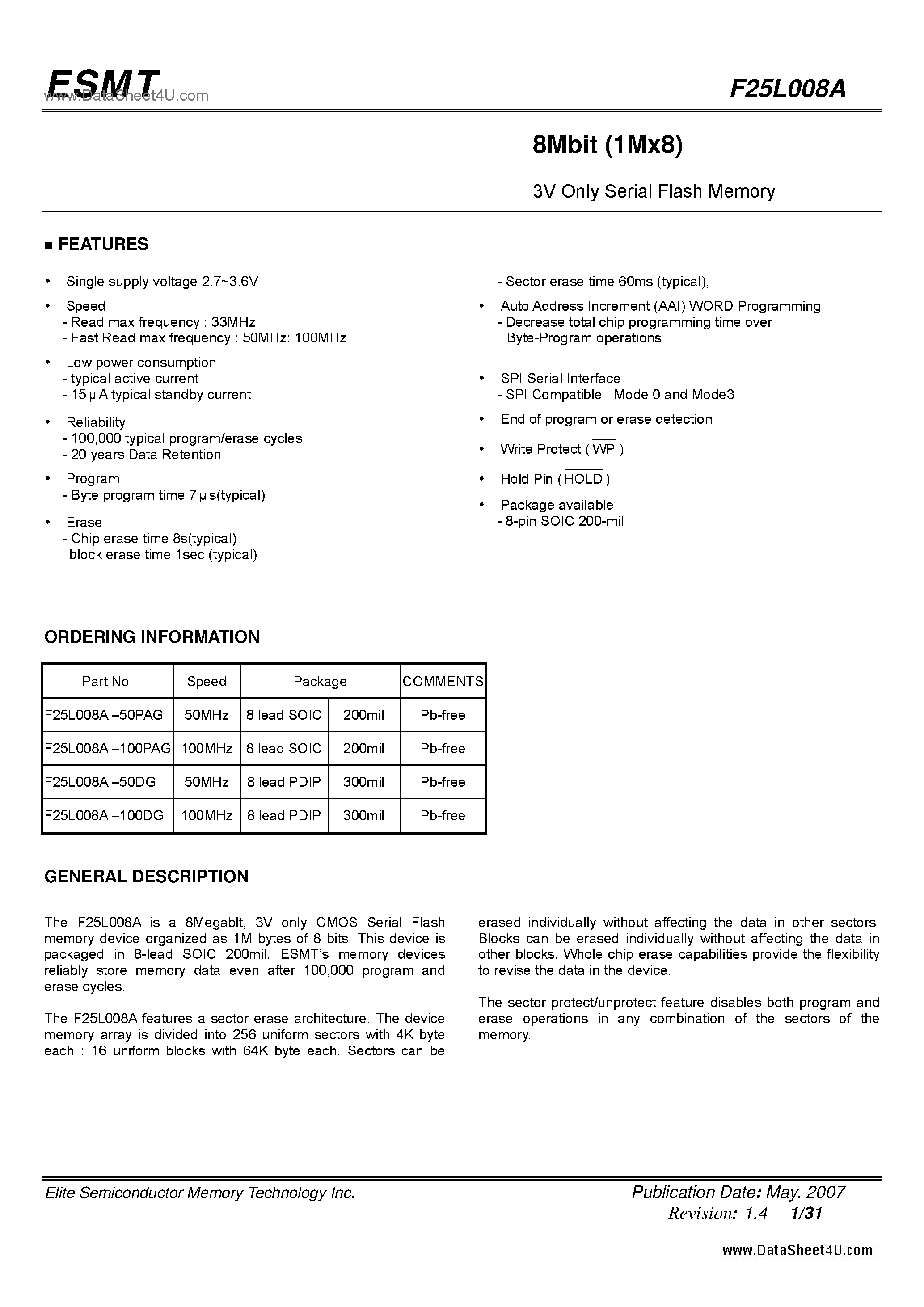 Даташит на микросхему F25L008A страница 1 Даташит F25L008A - 8Mbit (1Mx8) 3V Only Serial Flash Memory страница 1