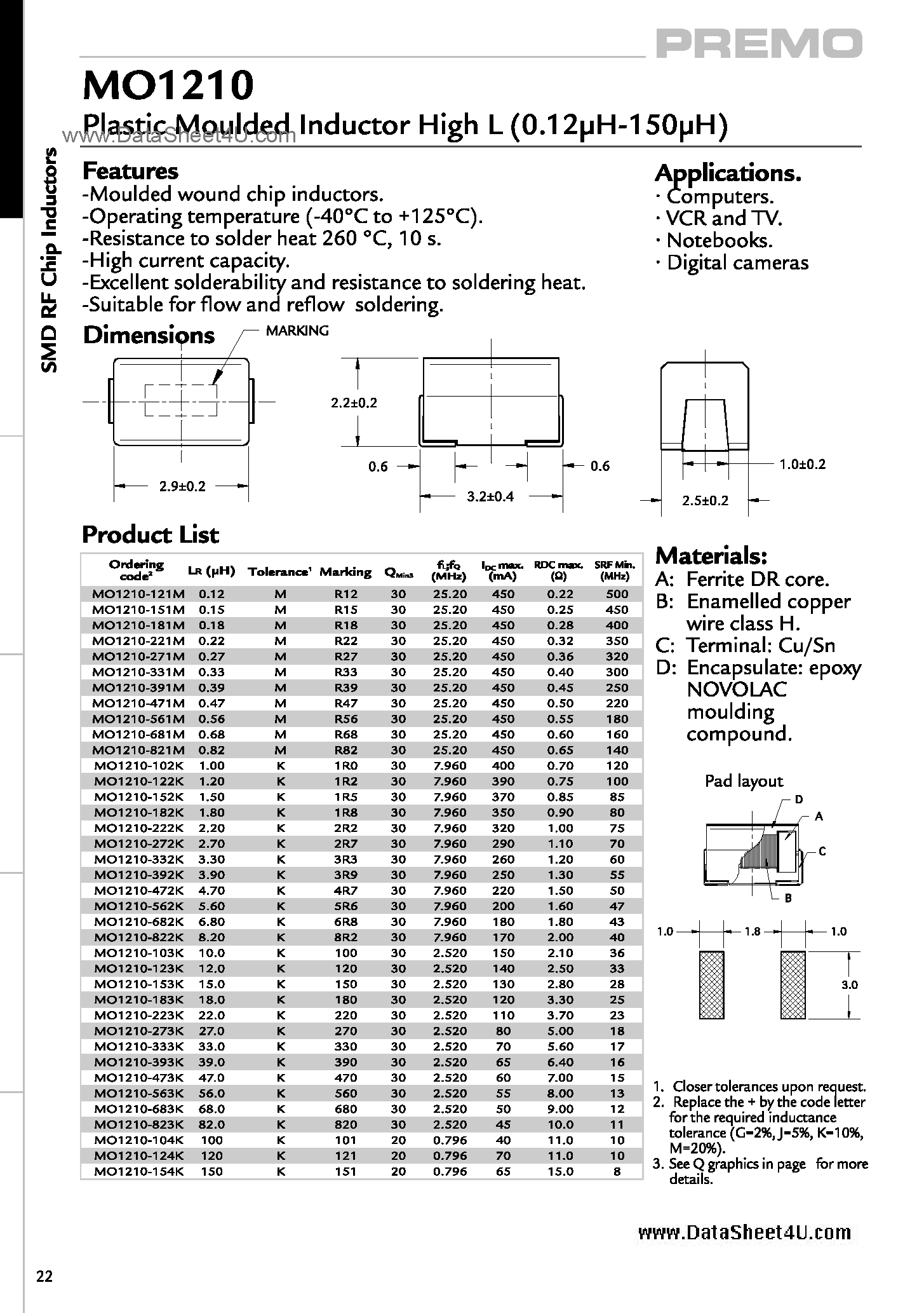 Datasheet MO1210 page 1 Datasheet MO1210 - PLASTIC MOULDED INDUCTOR HIGH L page 1