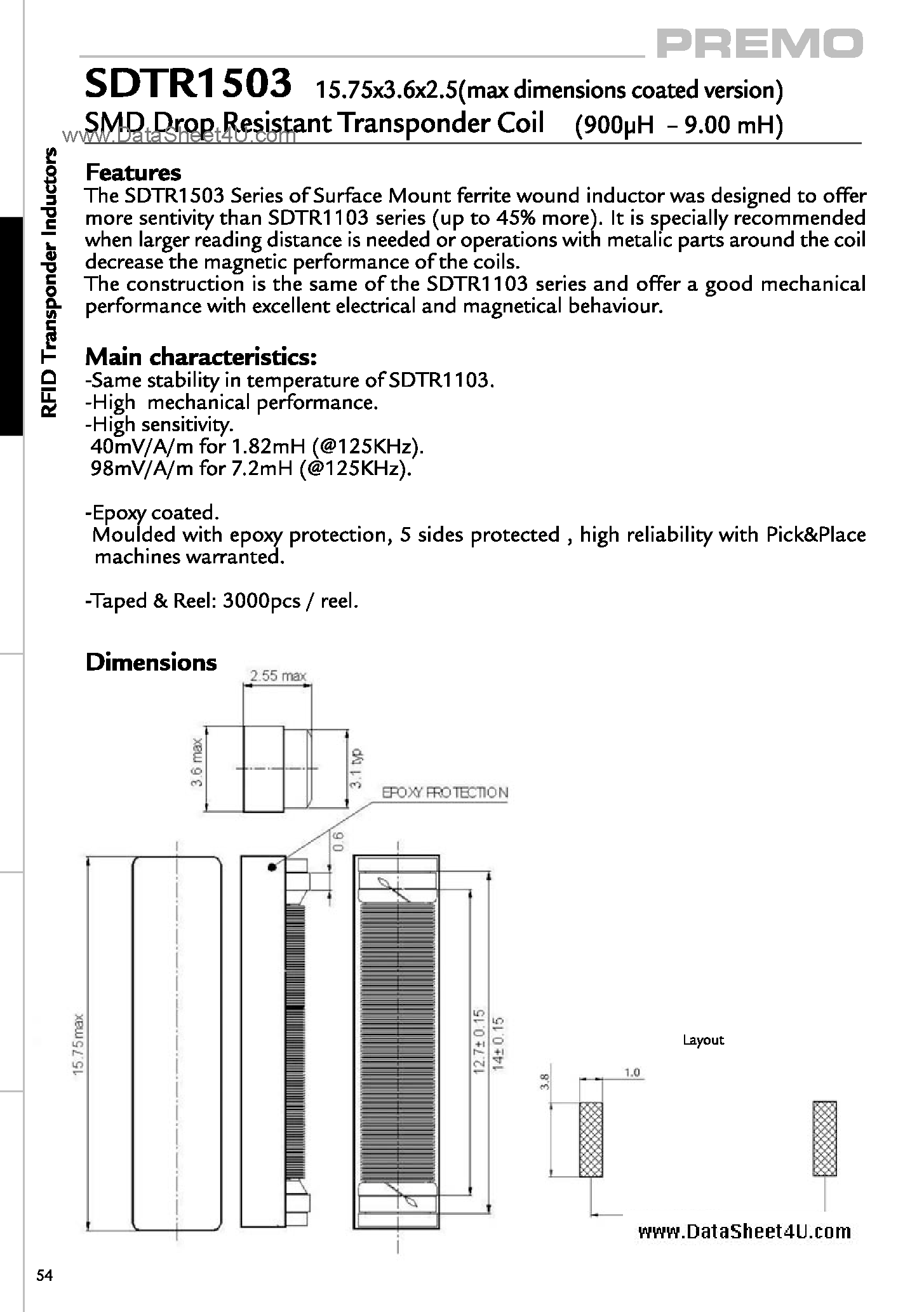 Даташит на микросхему SDTR1503 страница 1 Даташит SDTR1503 - SMD DROP RESISTANT TRANSPONDER COIL страница 1