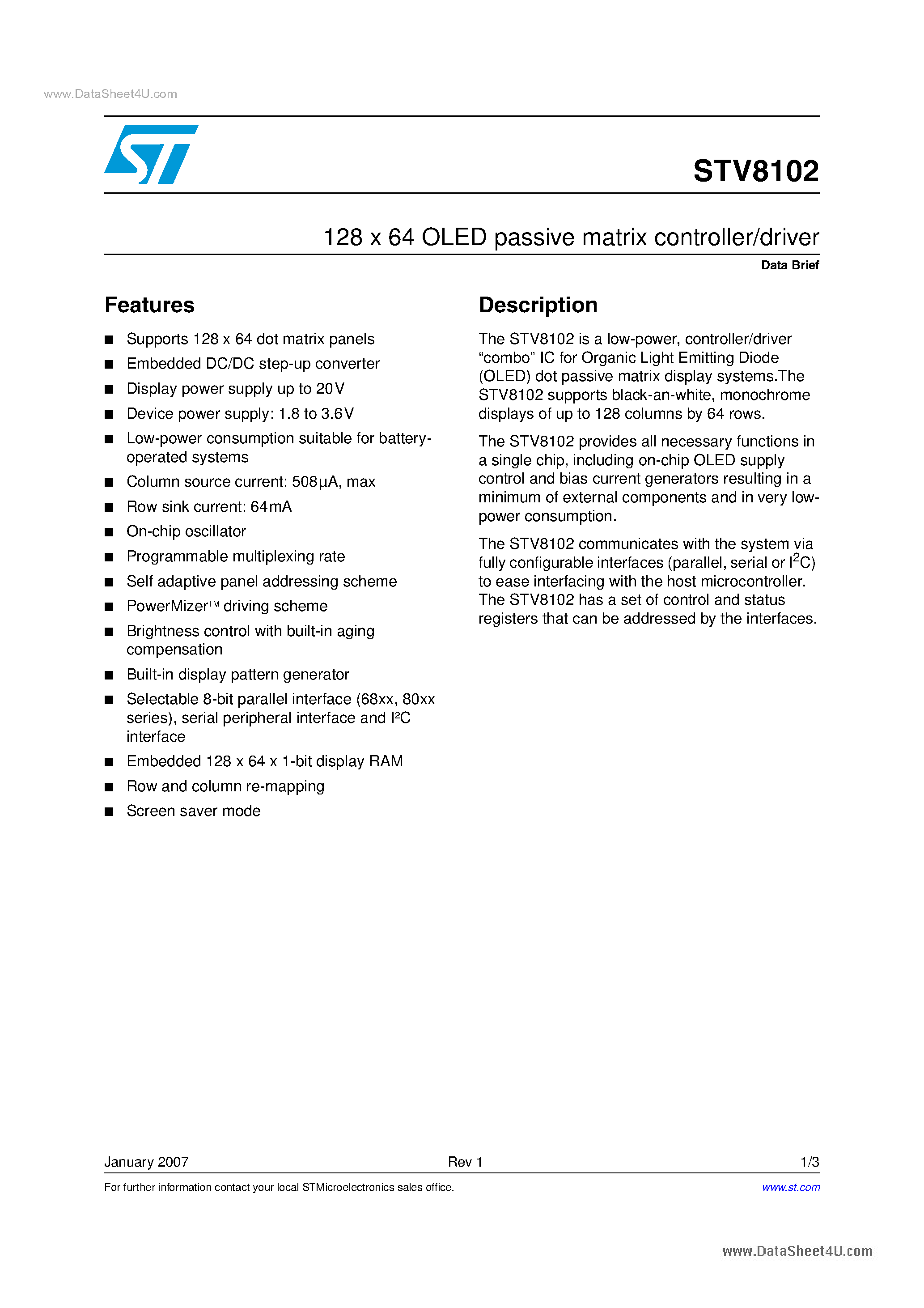 Даташит STV8102 - 128 x 64 OLED passive matrix controller/driver страница 1