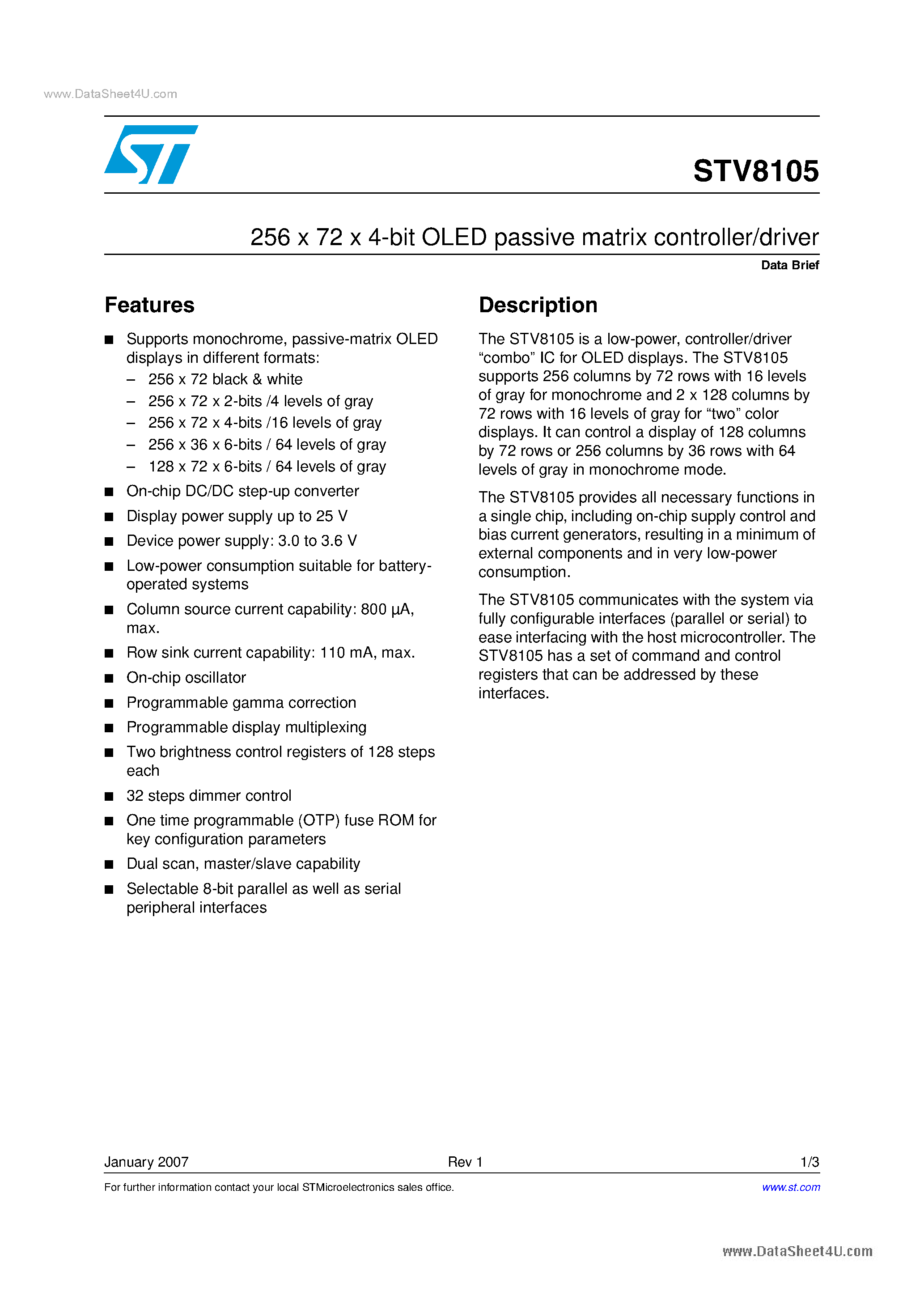 Datasheet STV8105 - 256 x 72 x 4-bit OLED passive matrix controller/driver page 1
