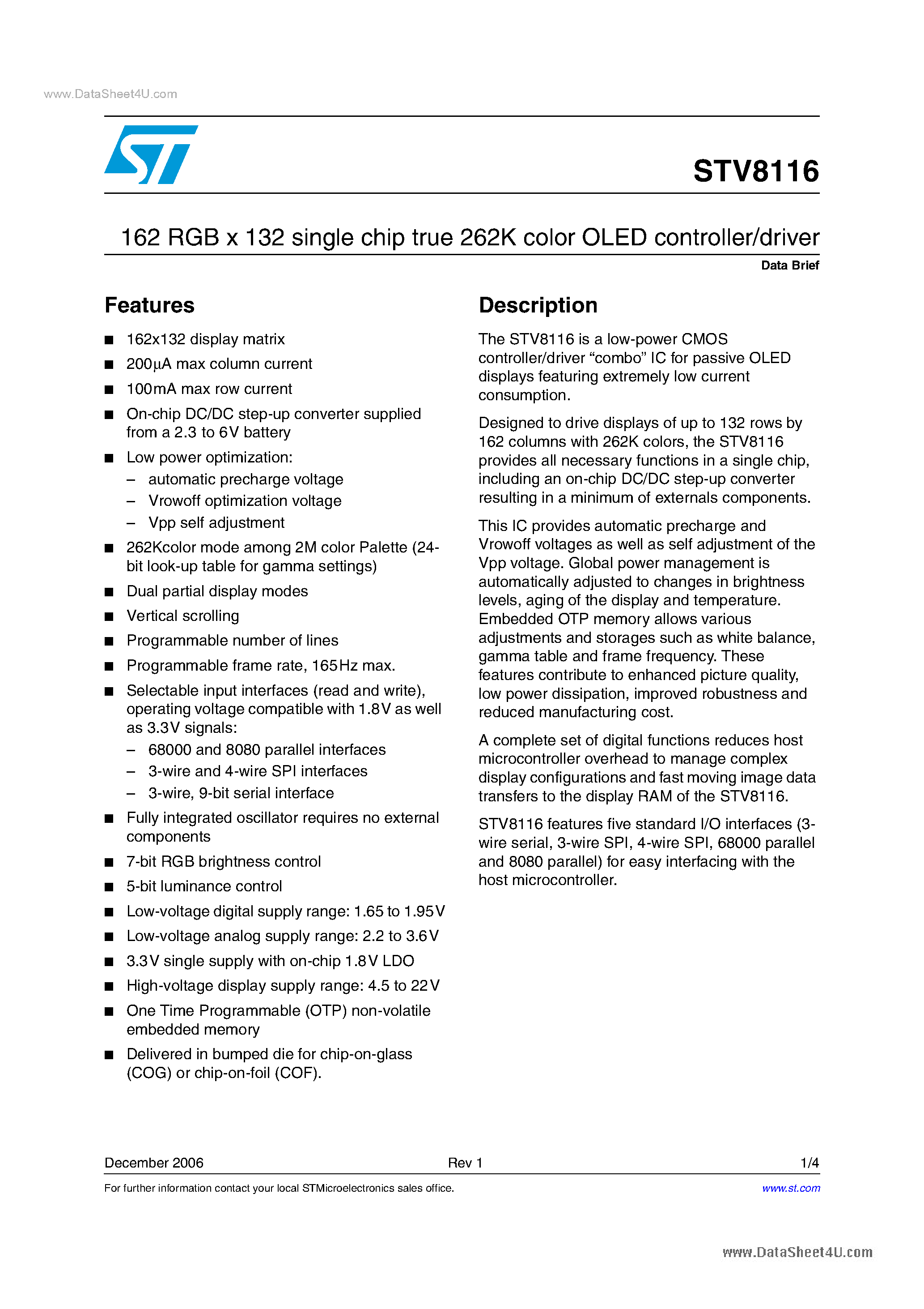 Даташит STV8116 - 162 RGB x 132 single chip true 262K color OLED controller/driver страница 1
