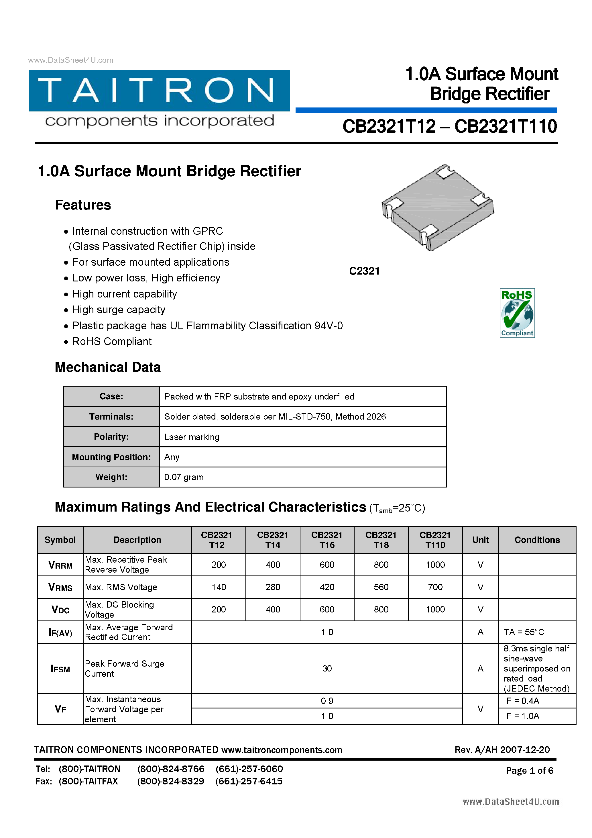 Datasheet CB2321Txxx - 1.0A Surface Mount Bridge Rectifier page 1