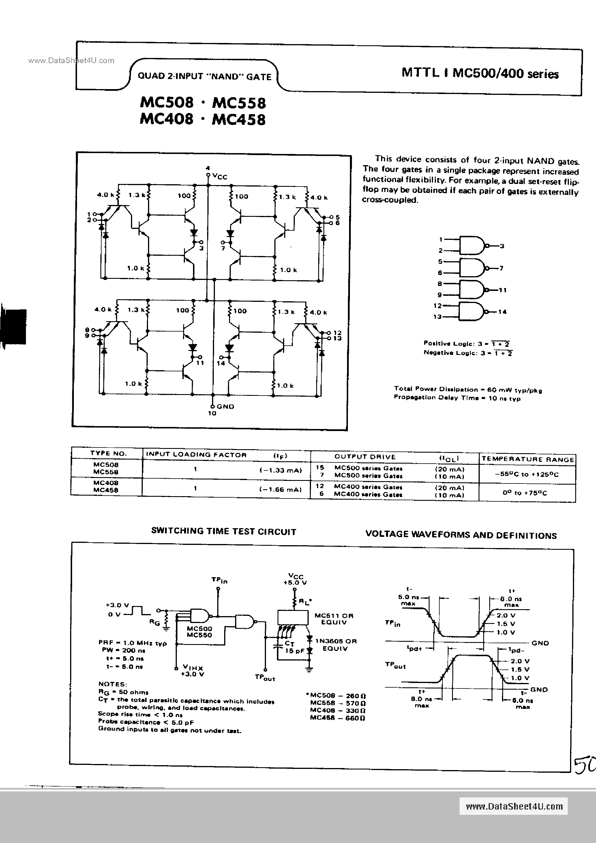 Даташит на микросхему MC508 страница 1 Даташит MC508 - (MC508 / MC558) Quad 2-Input NAND Gate страница 1