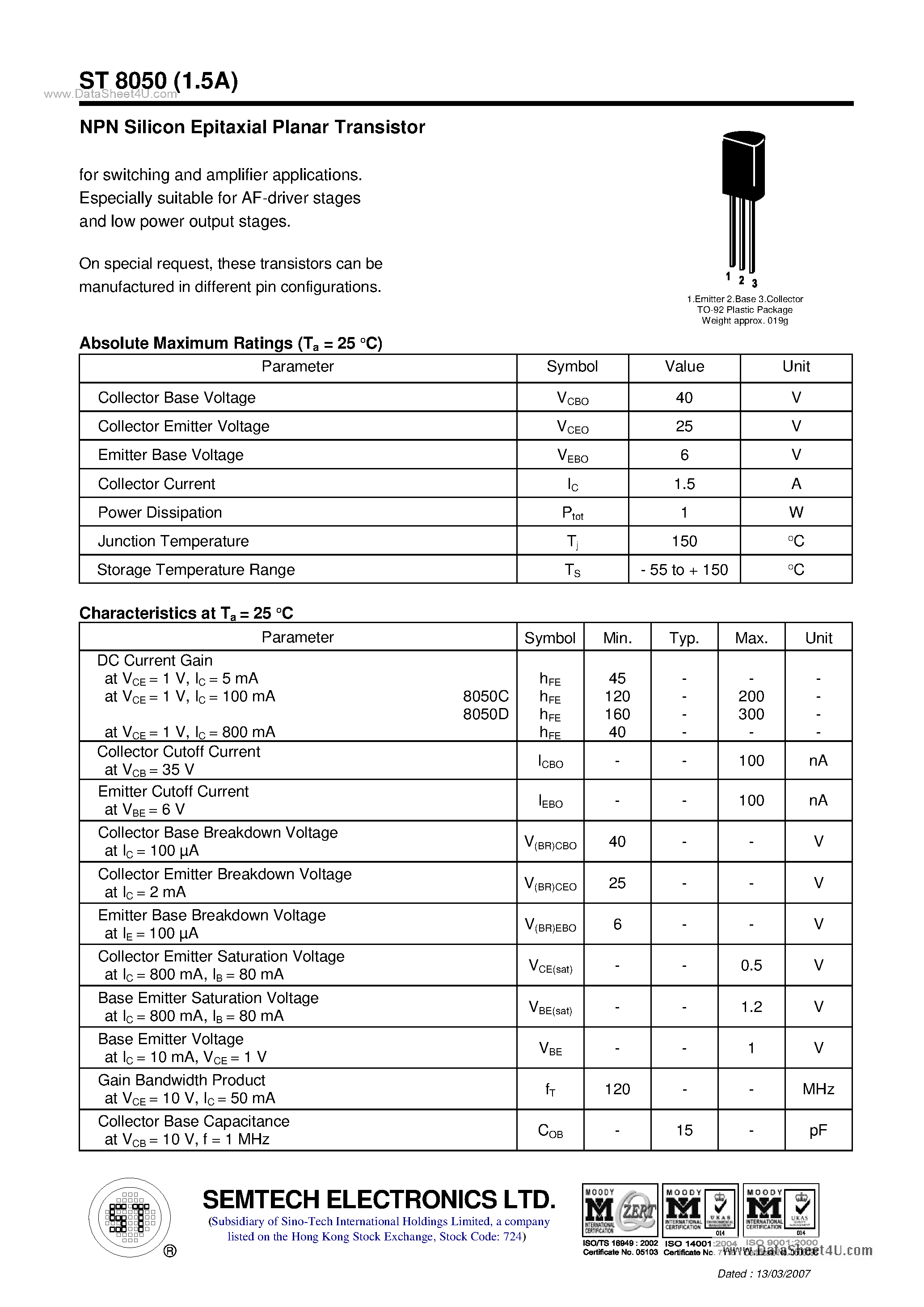 Datasheet ST8050 page 1 Datasheet ST8050 - NPN Silicon Epitaxial Planar Transistor page 1
