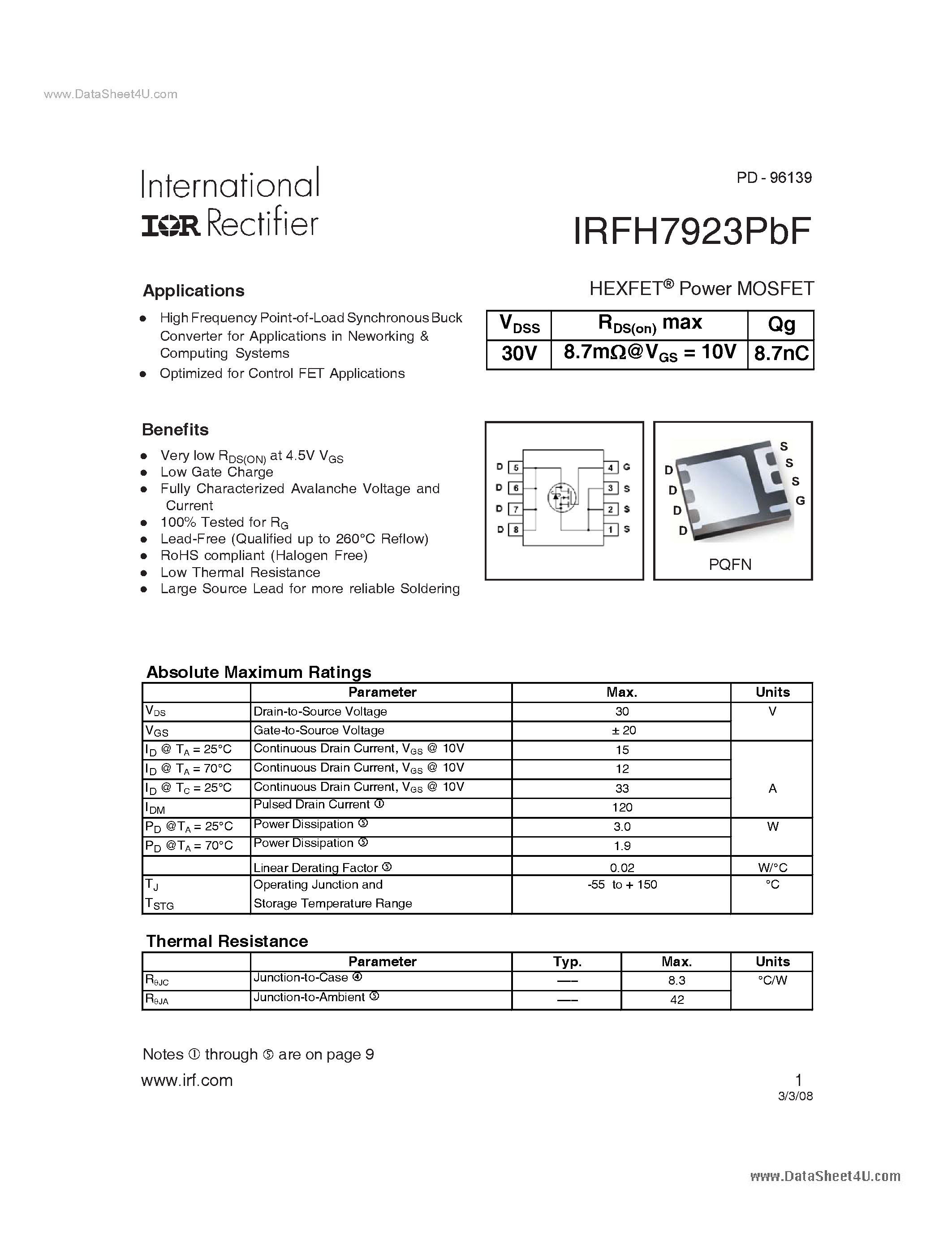 Datasheet IRFH7923PBF - Power MOSFET page 1