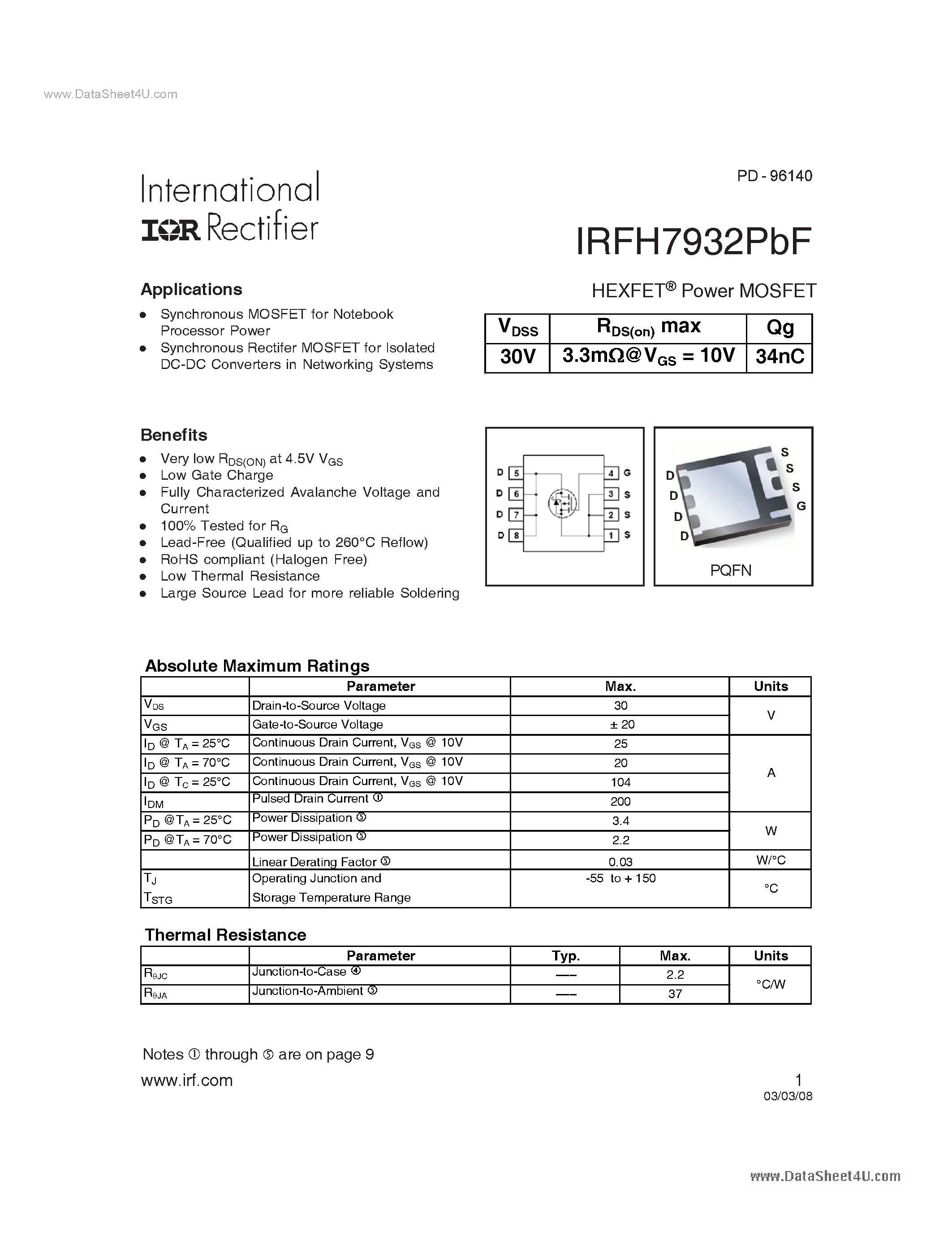 Datasheet IRFH7932PBF - Power MOSFET page 1