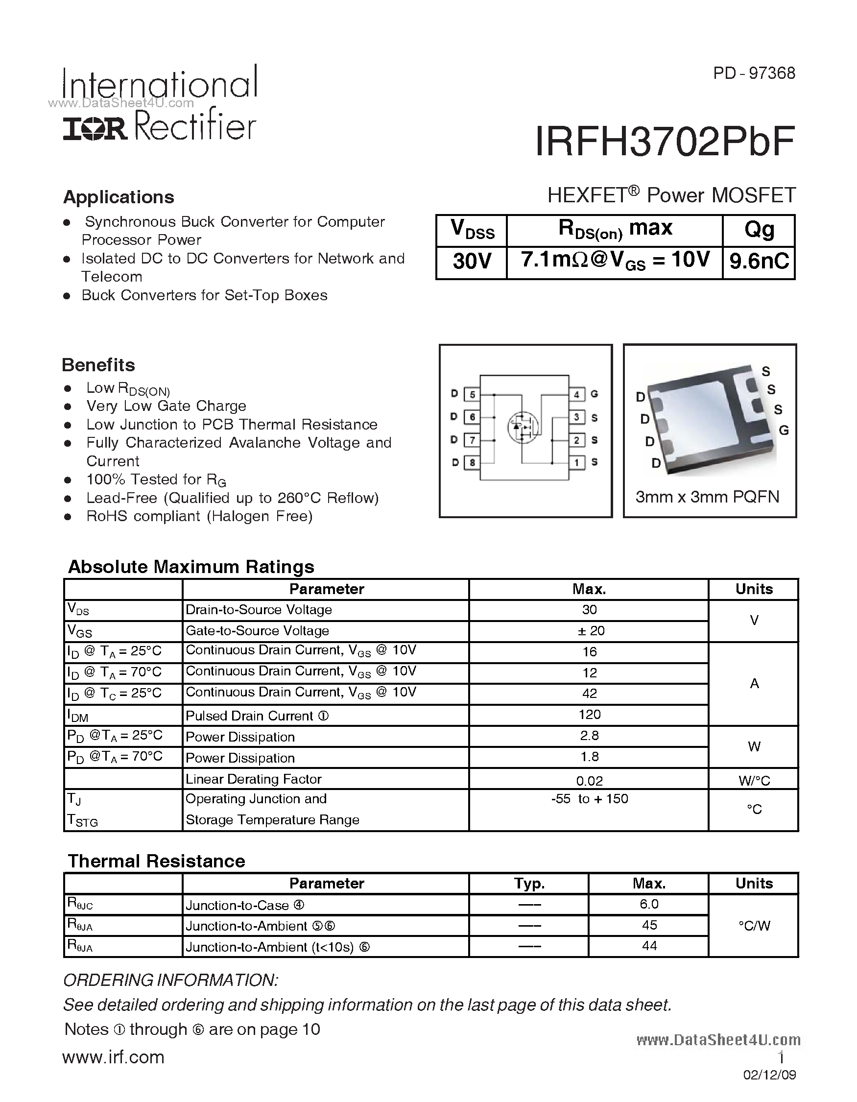 Datasheet IRFH3702PBF - Power MOSFET page 1