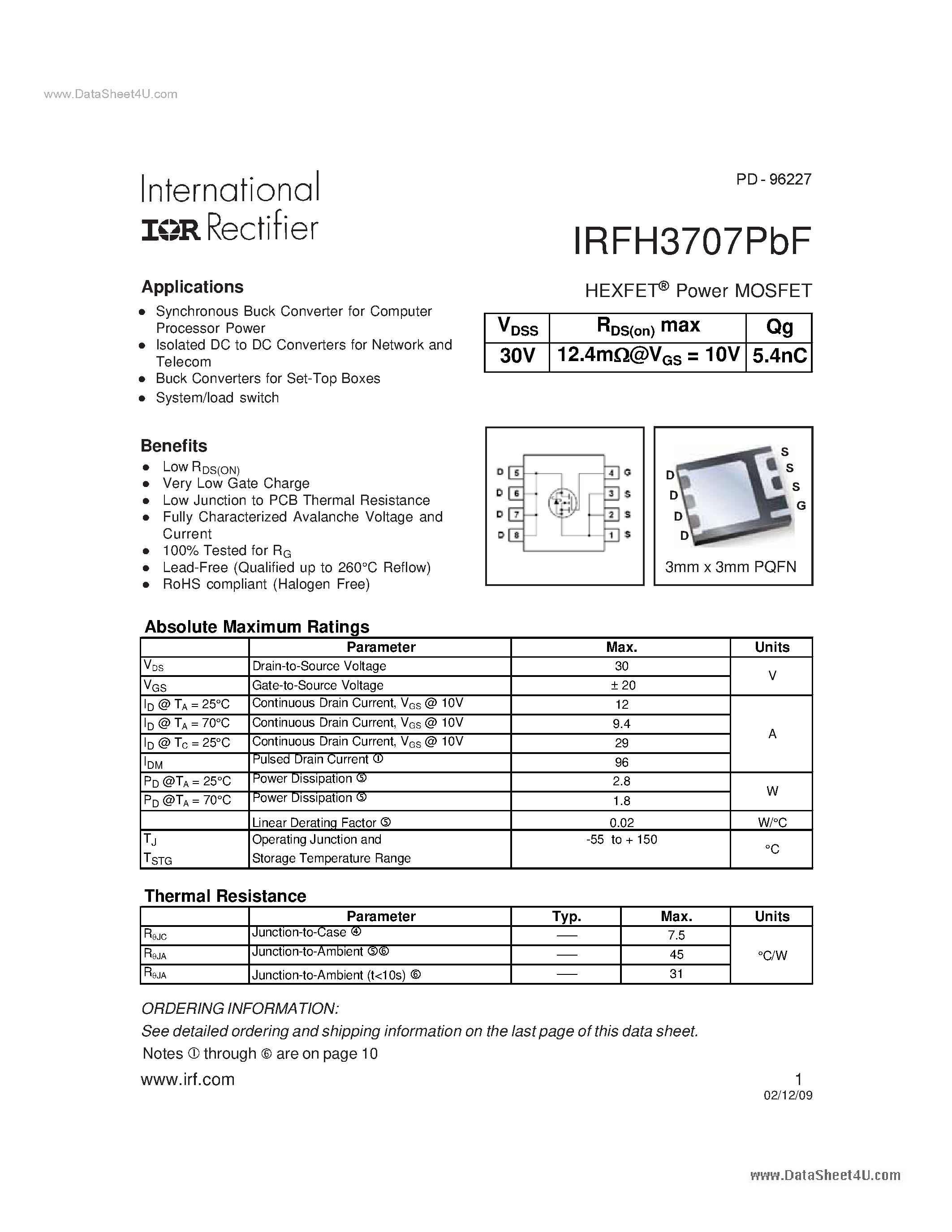 Datasheet IRFH3707PBF - Power MOSFET page 1