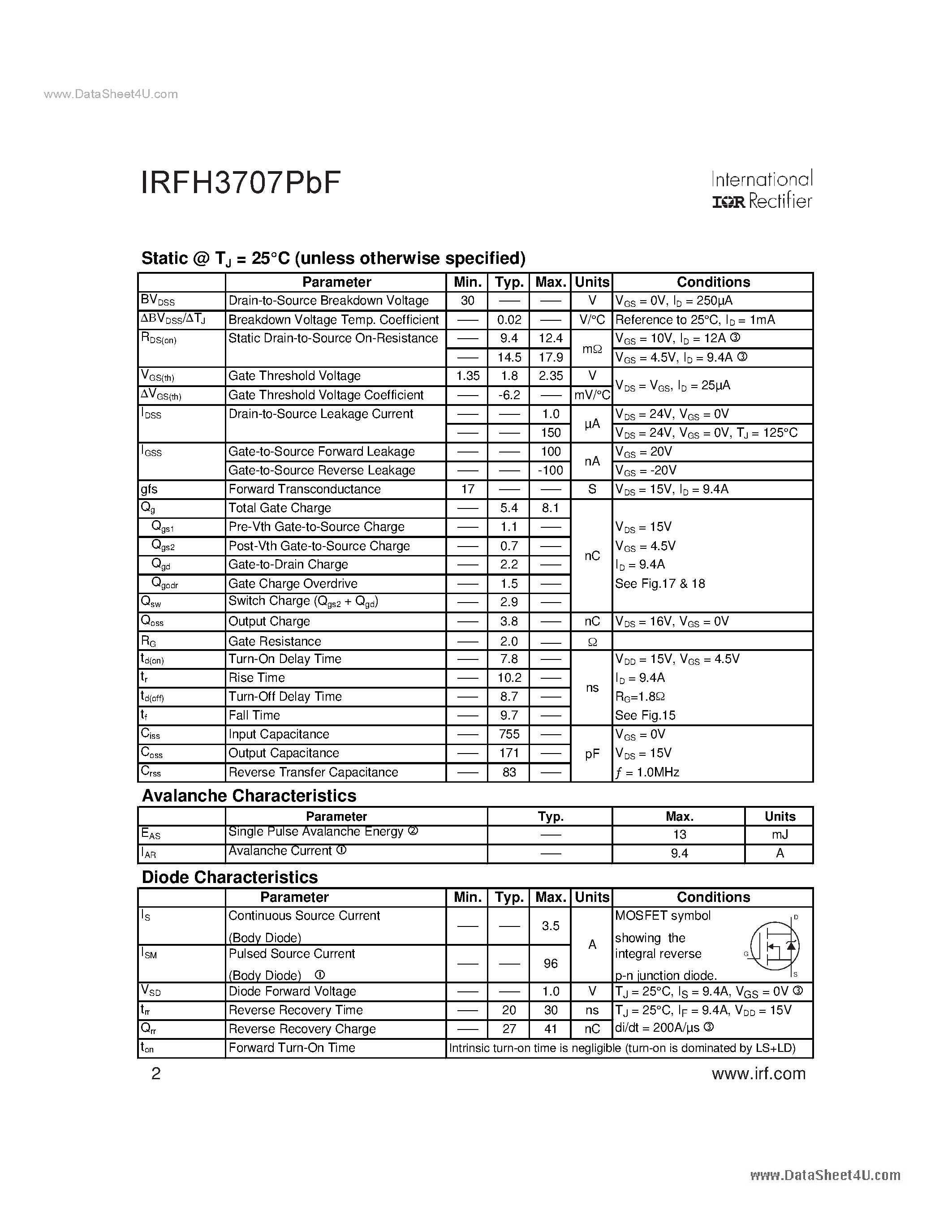Datasheet IRFH3707PBF - Power MOSFET page 2