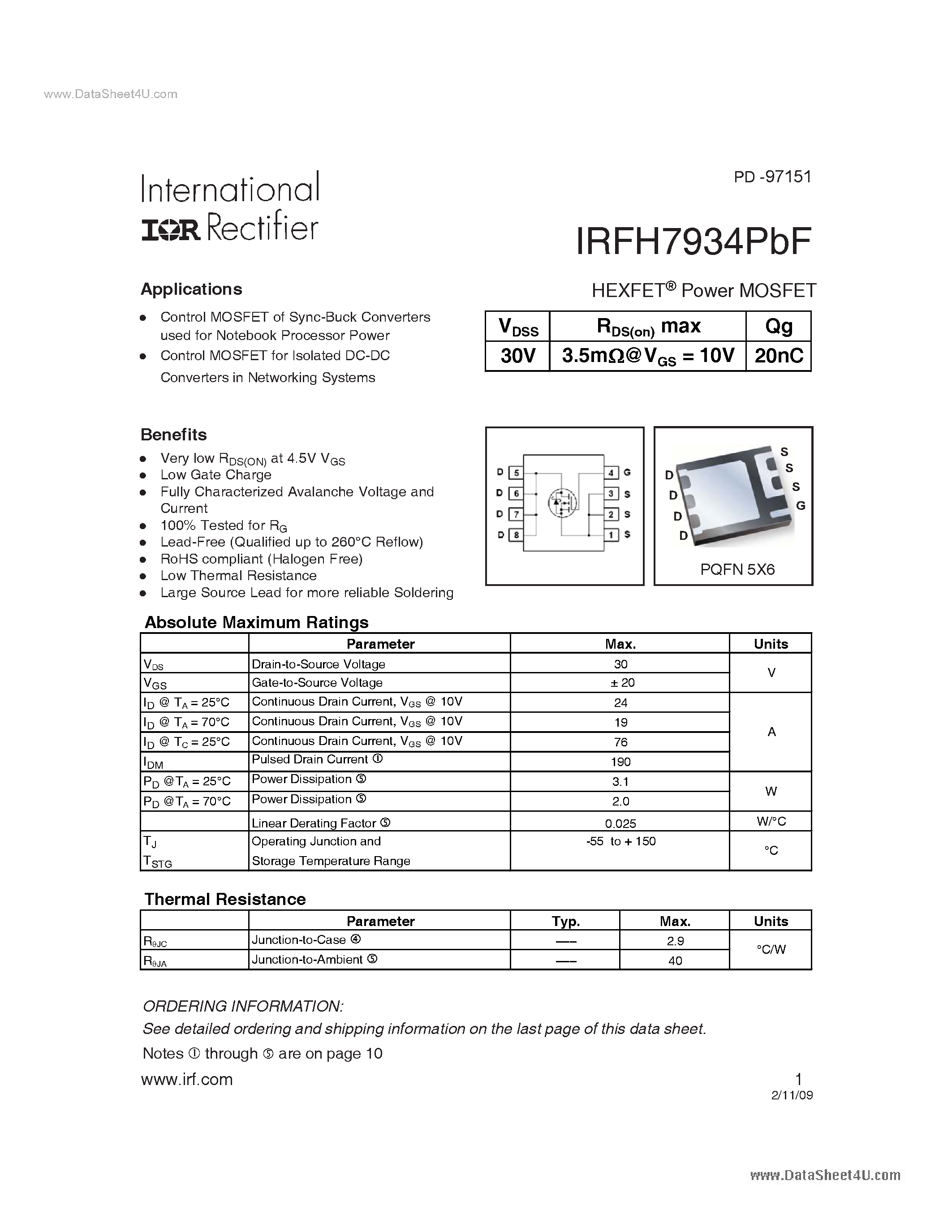 Datasheet IRFH7934PBF - Power MOSFET page 1