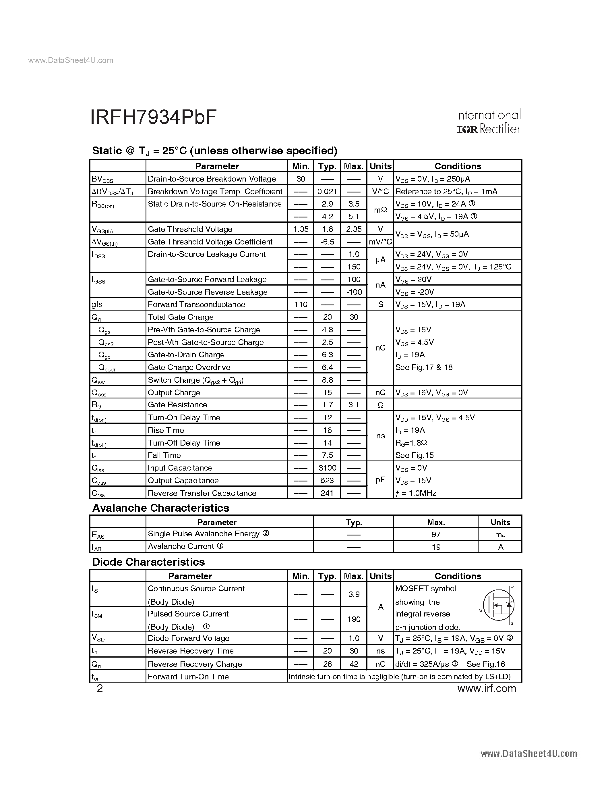 Datasheet IRFH7934PBF - Power MOSFET page 2