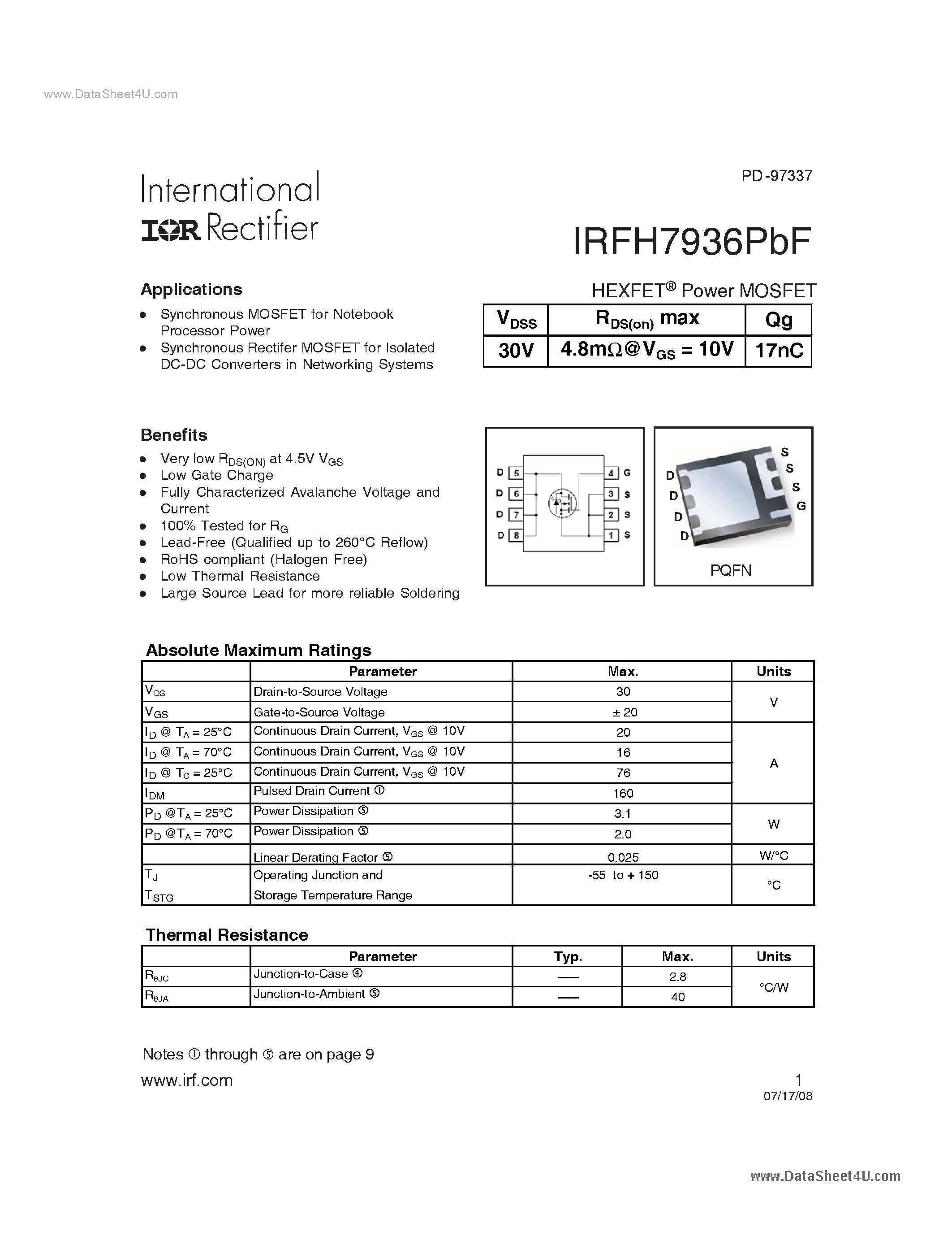 Datasheet IRFH7936PBF - Power MOSFET page 1