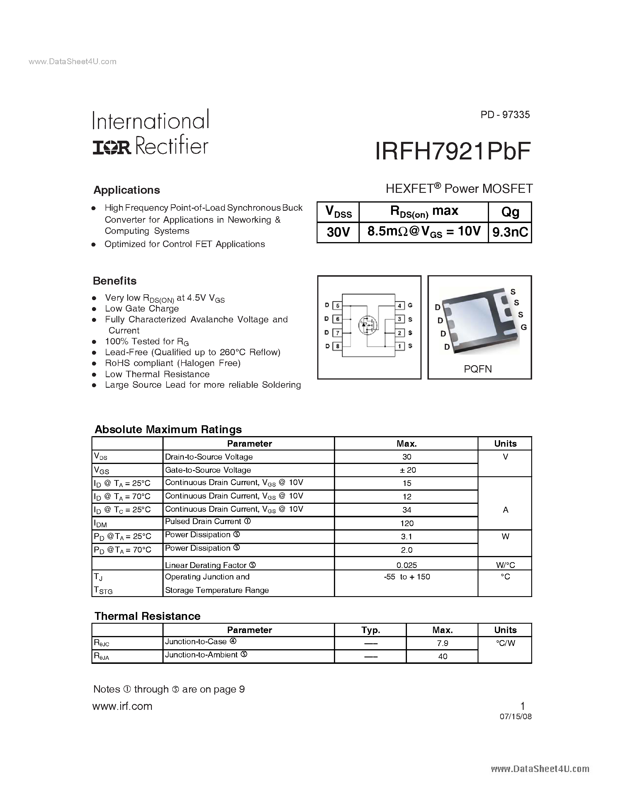 Datasheet IRFH7921PBF - Power MOSFET page 1
