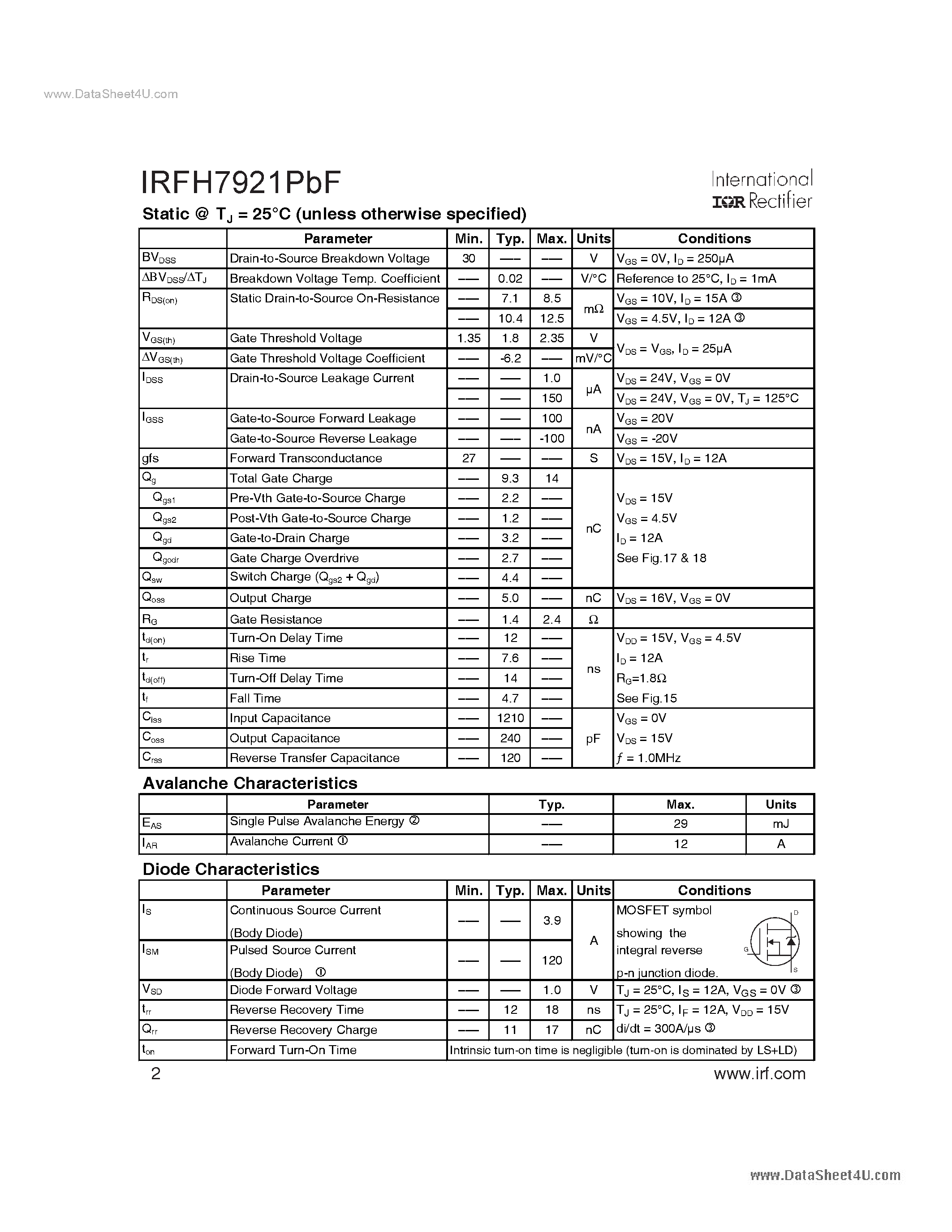 Datasheet IRFH7921PBF - Power MOSFET page 2