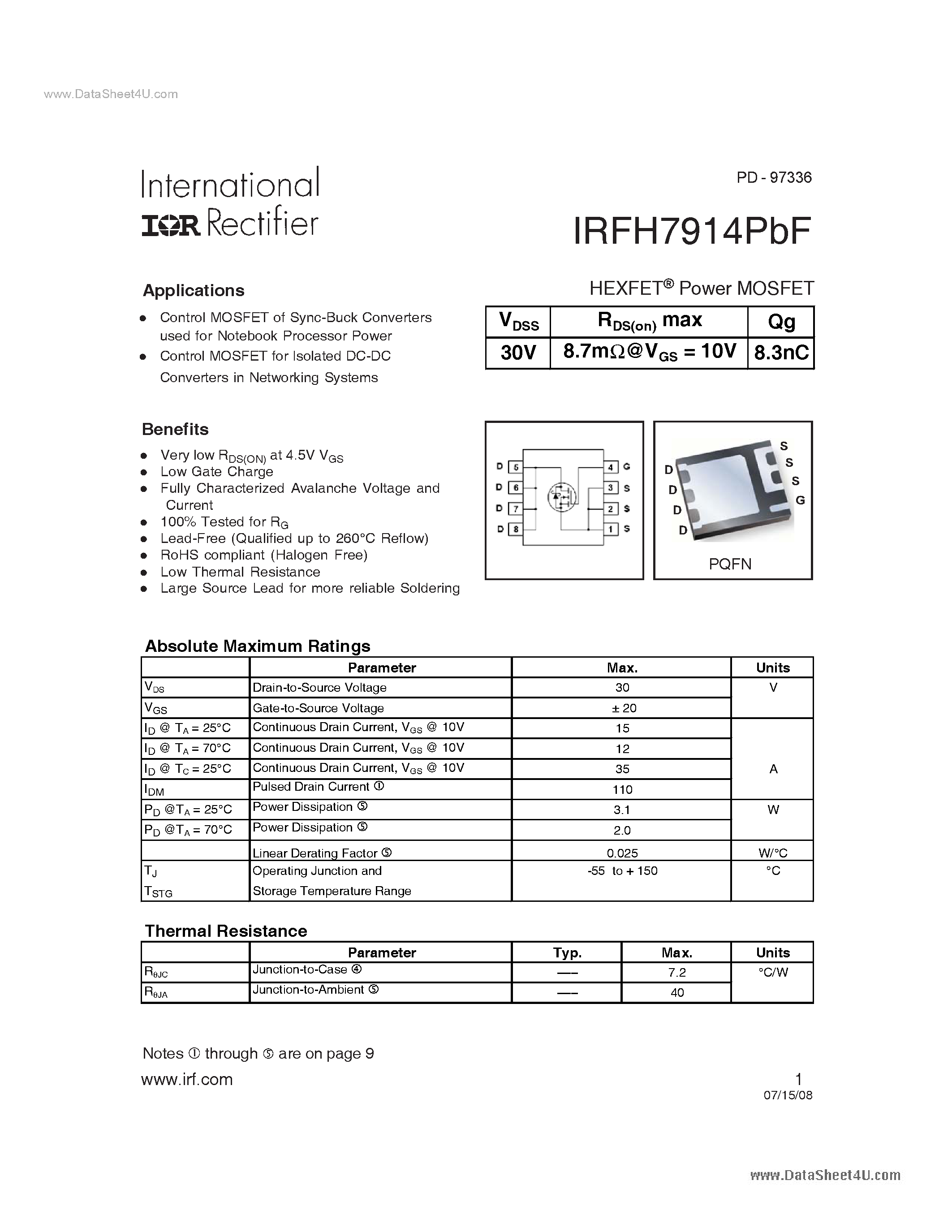 Datasheet IRFH7914PBF - Power MOSFET page 1