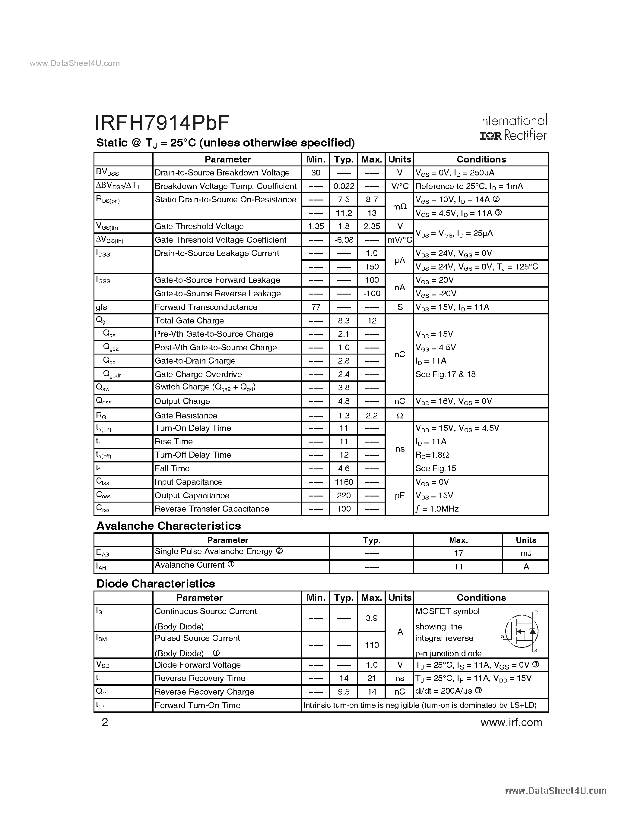 Datasheet IRFH7914PBF - Power MOSFET page 2