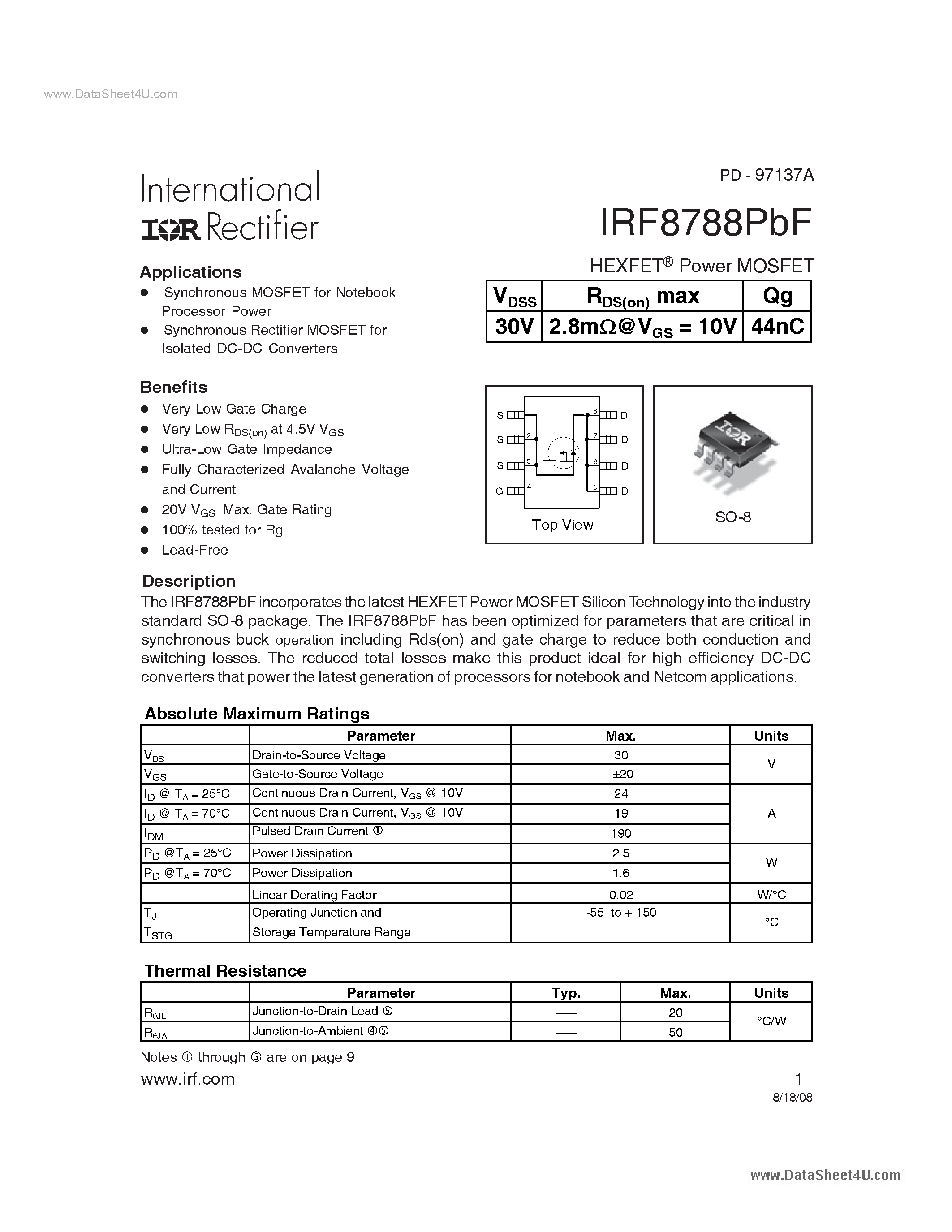 Datasheet IRF8788PBF - Power MOSFET page 1