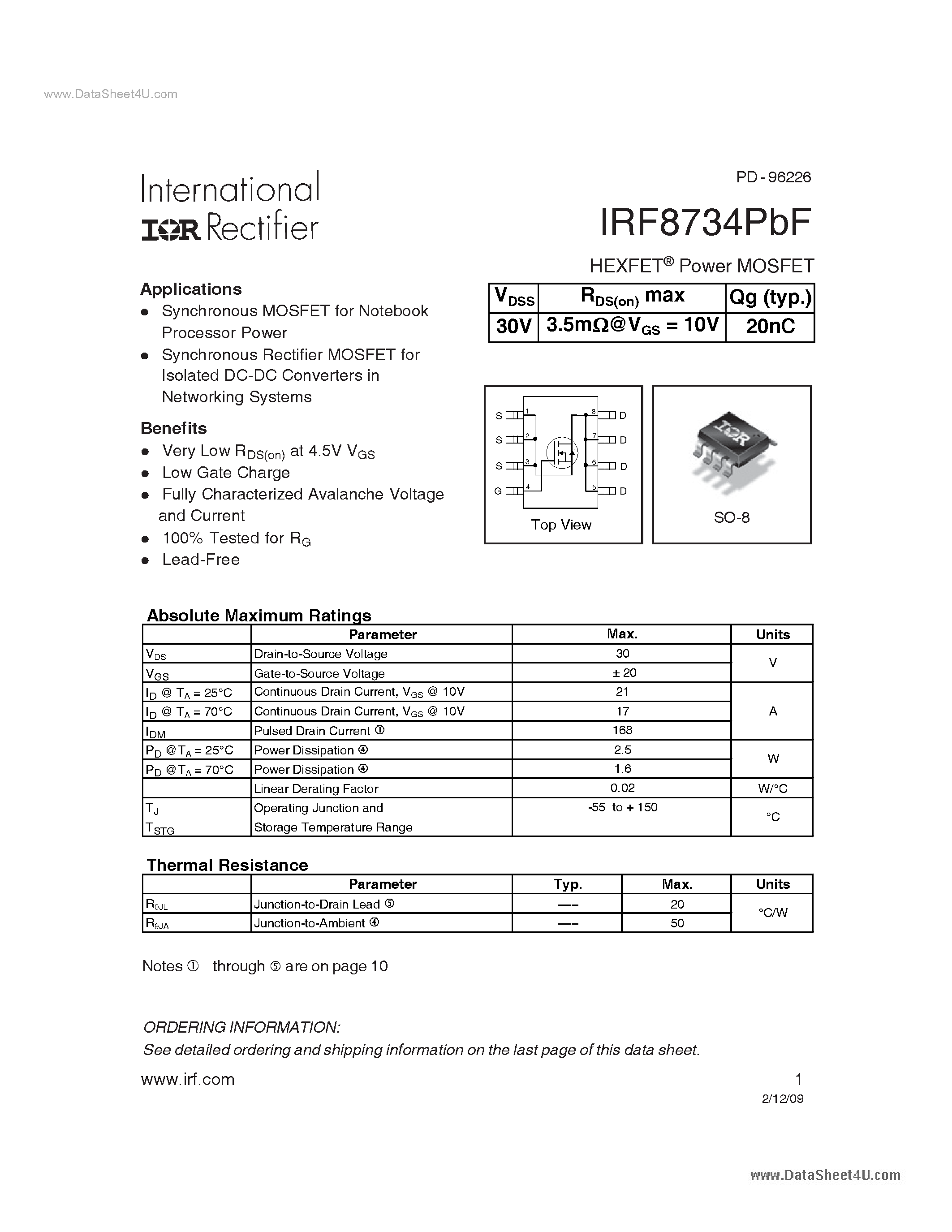 Datasheet IRF8734PBF - Power MOSFET page 1