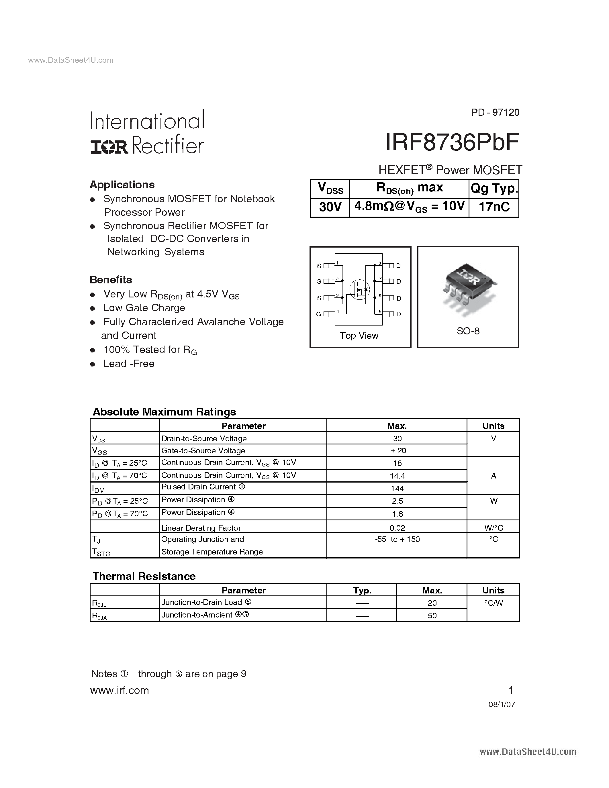 Datasheet IRF8736PBF - Power MOSFET page 1
