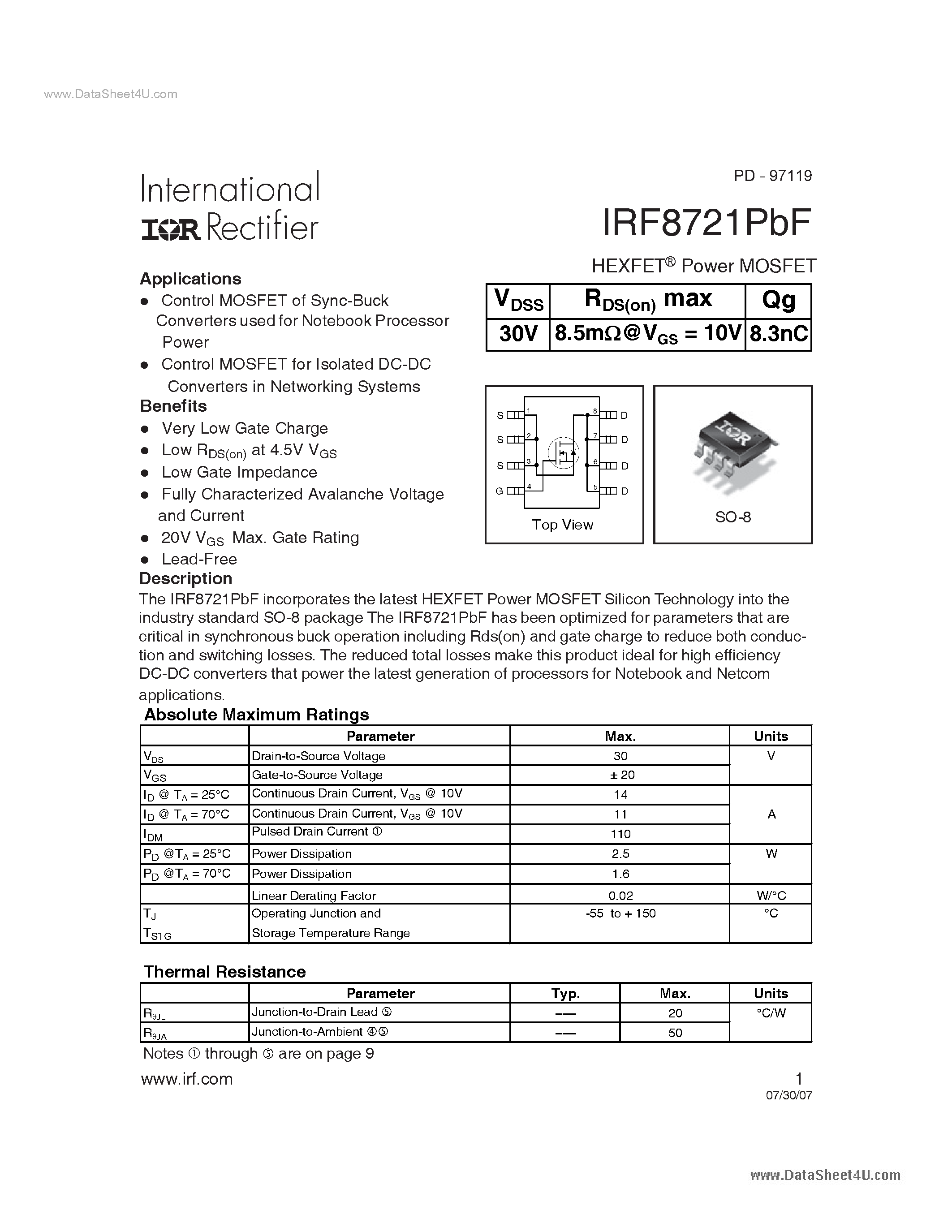 Datasheet IRF8721PBF - Power MOSFET page 1