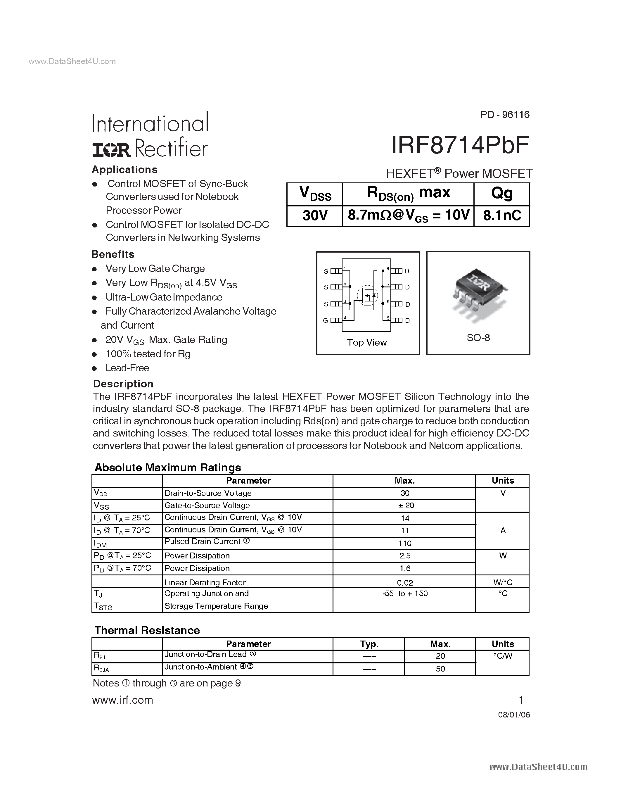 Datasheet IRF8714PBF - Power MOSFET page 1