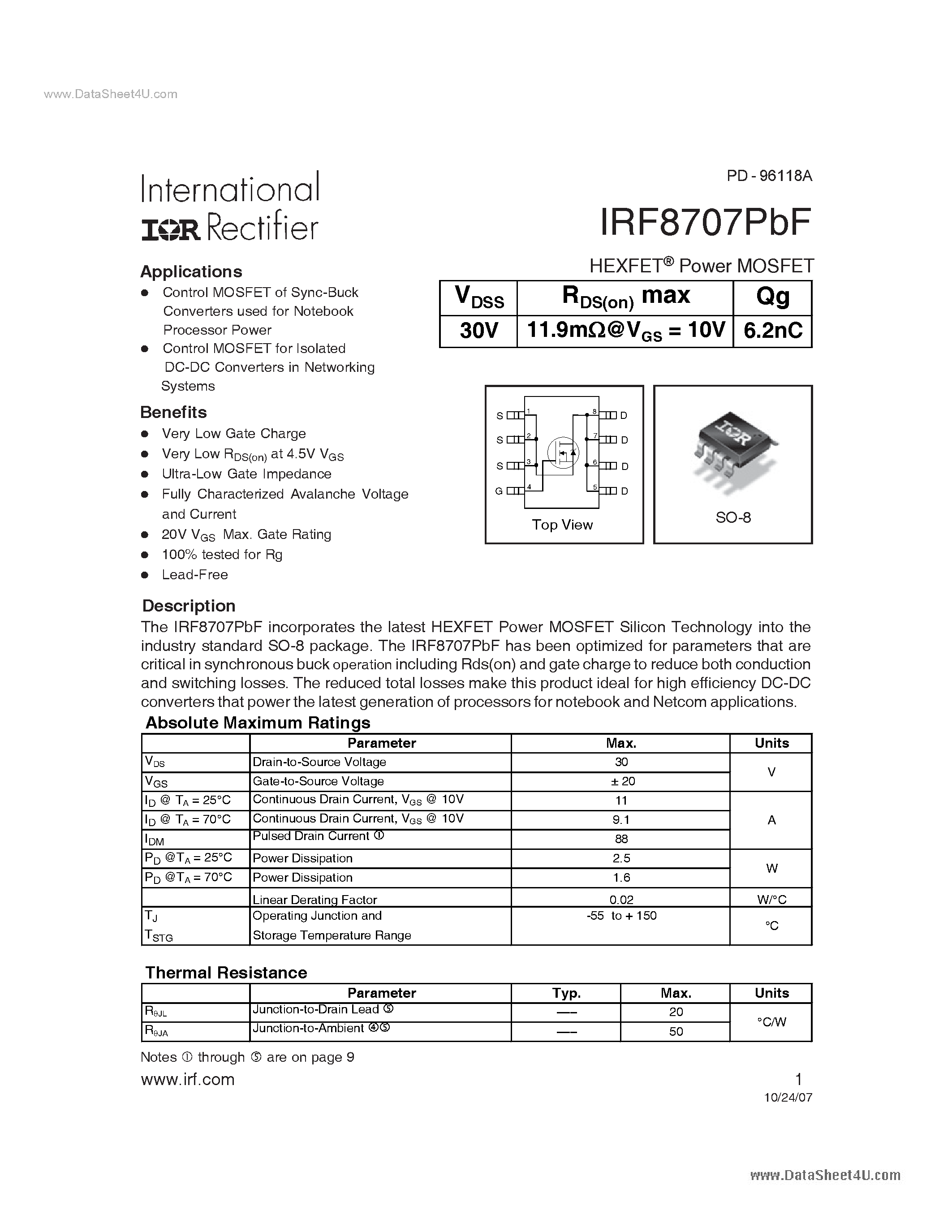 Datasheet IRF8707PBF - Power MOSFET page 1