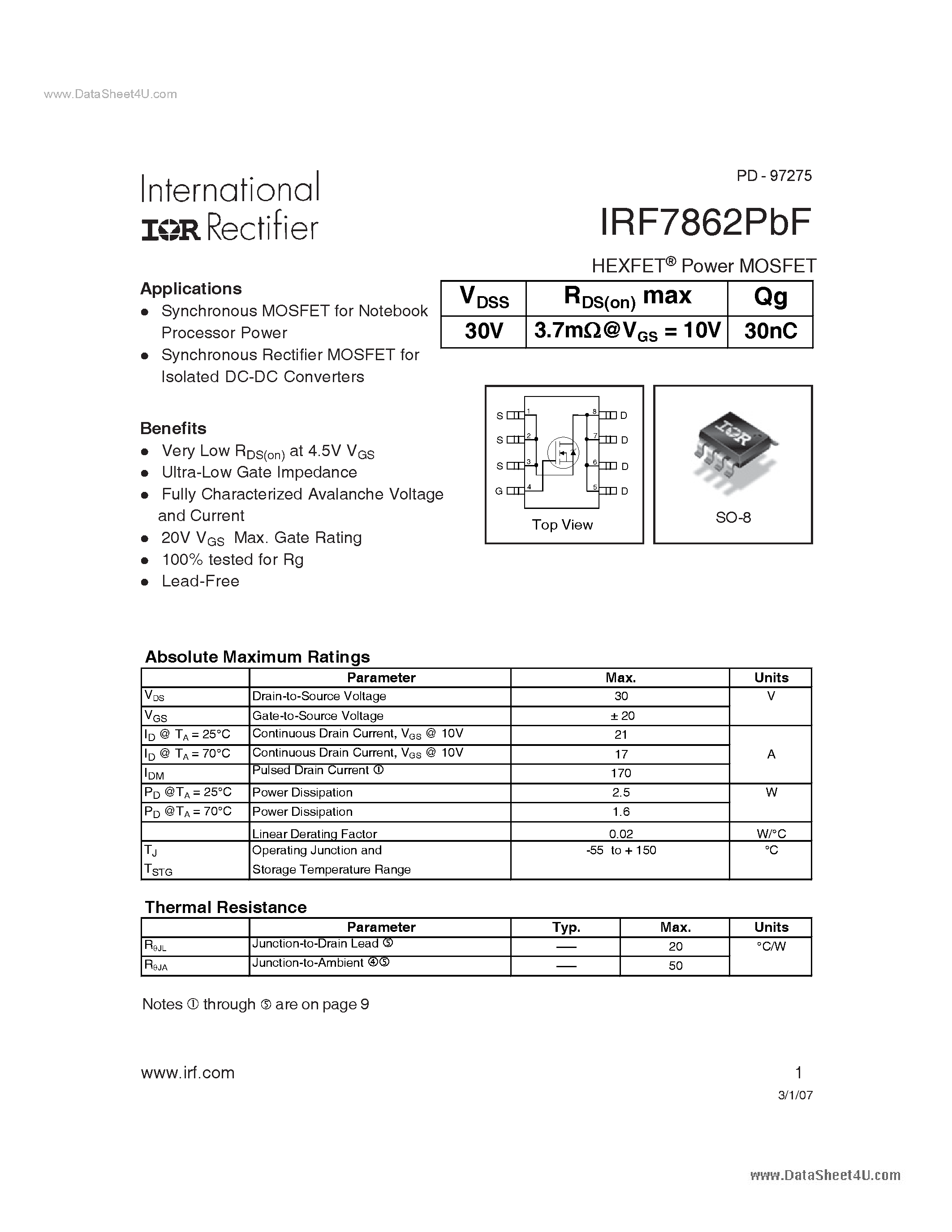 Datasheet IRF7862PBF - Power MOSFET page 1