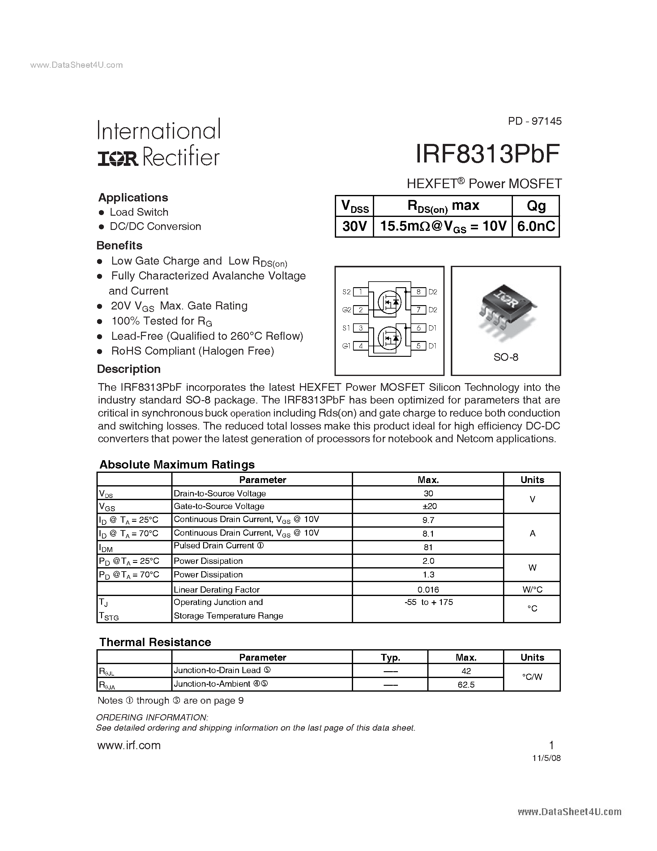 Datasheet IRF8313PBF - Power MOSFET page 1