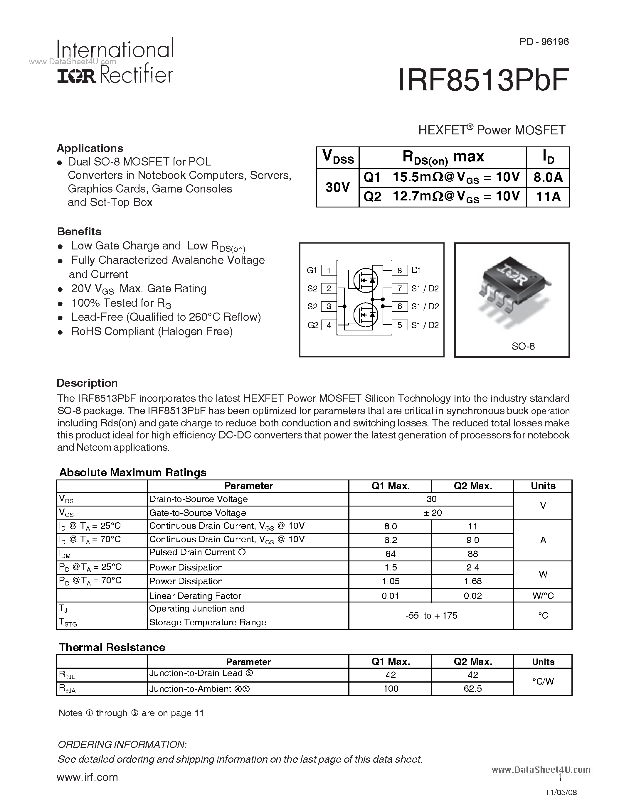 Datasheet IRF8513PBF - Power MOSFET page 1